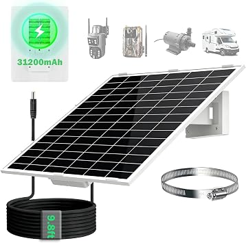 20Watt Solar Panel Kit with Built-in 31200mAh Battery Output 12V/1A Features 9.8ft DC 5.5 * 2.1mm Ports Compatible with Security Cameras, Outdoor Lights & More