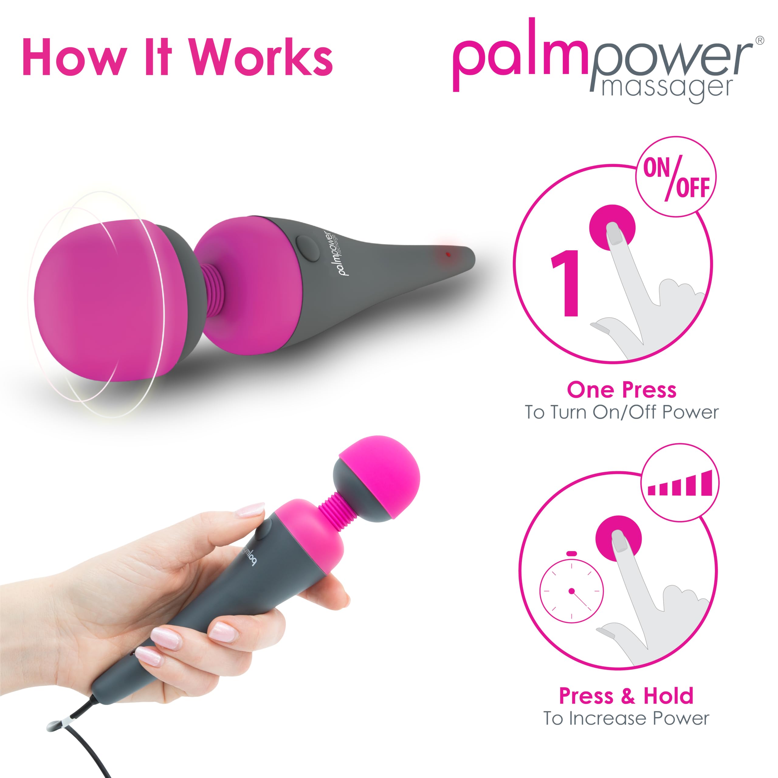 BMS PalmPower Massager Bacchetta da massaggio vibrante, alimentata a rete, ca. 18 cm, Ø ca. 3,5 cm, Rosa/Nero
