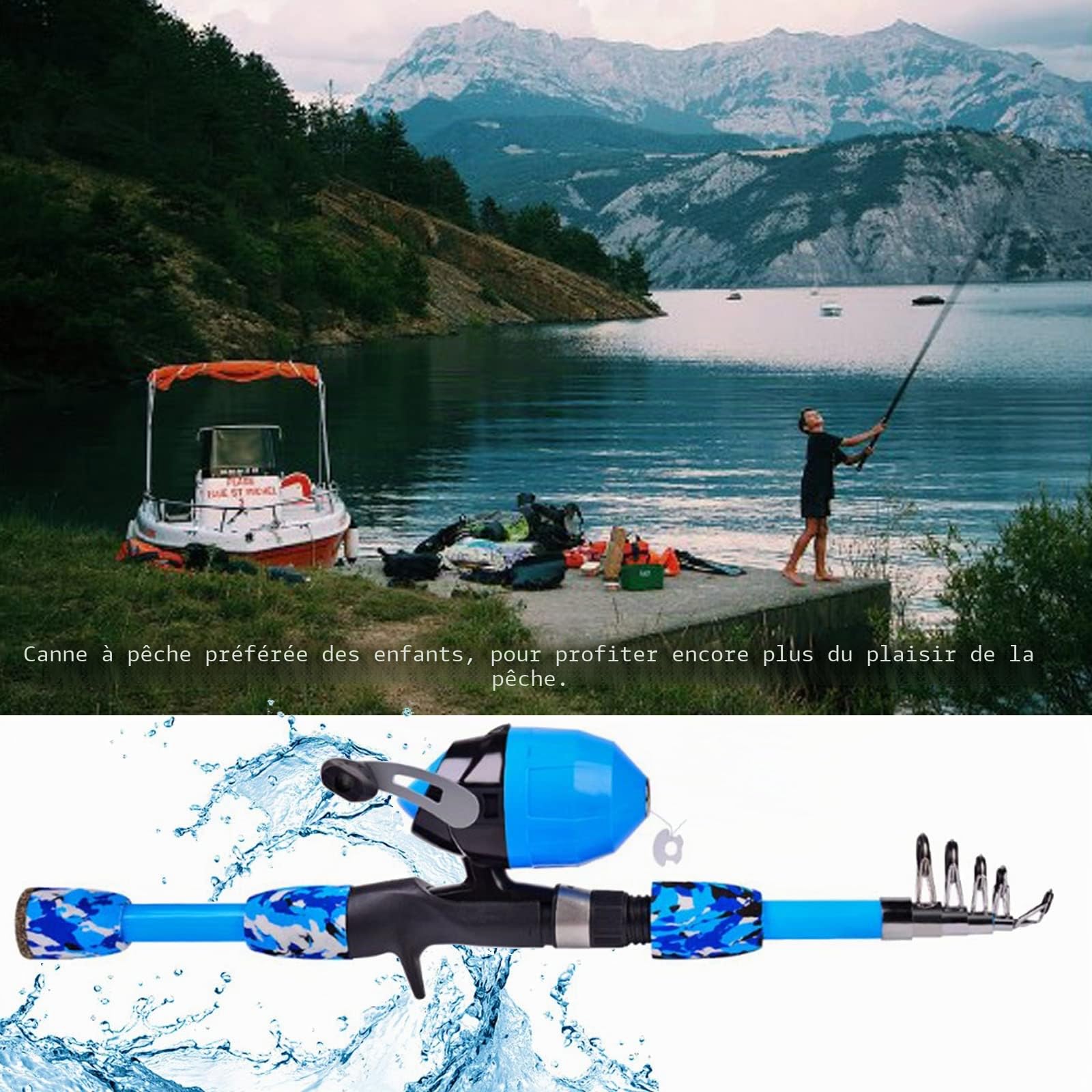Joyeee Ensemble moulinet Spincast et canne à pêche pour enfants, boîte de matériel de pêche, équipement de pêche pour enfants, accessoires de leurres de moulinet, design sans nœuds, poignée de