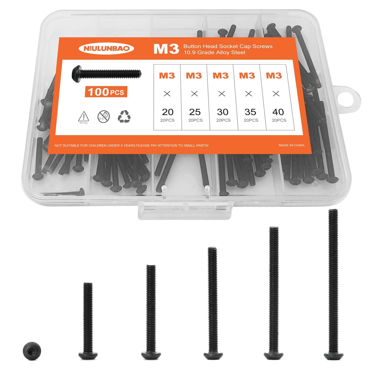 NIULUNBAO M3 x 20mm 25mm 30mm 35mm 40mm Button Head Socket Cap Screws Bolts, 10.9 Grade Alloy Steel, Black Oxide Finish, Metric Allen Hex Drive,