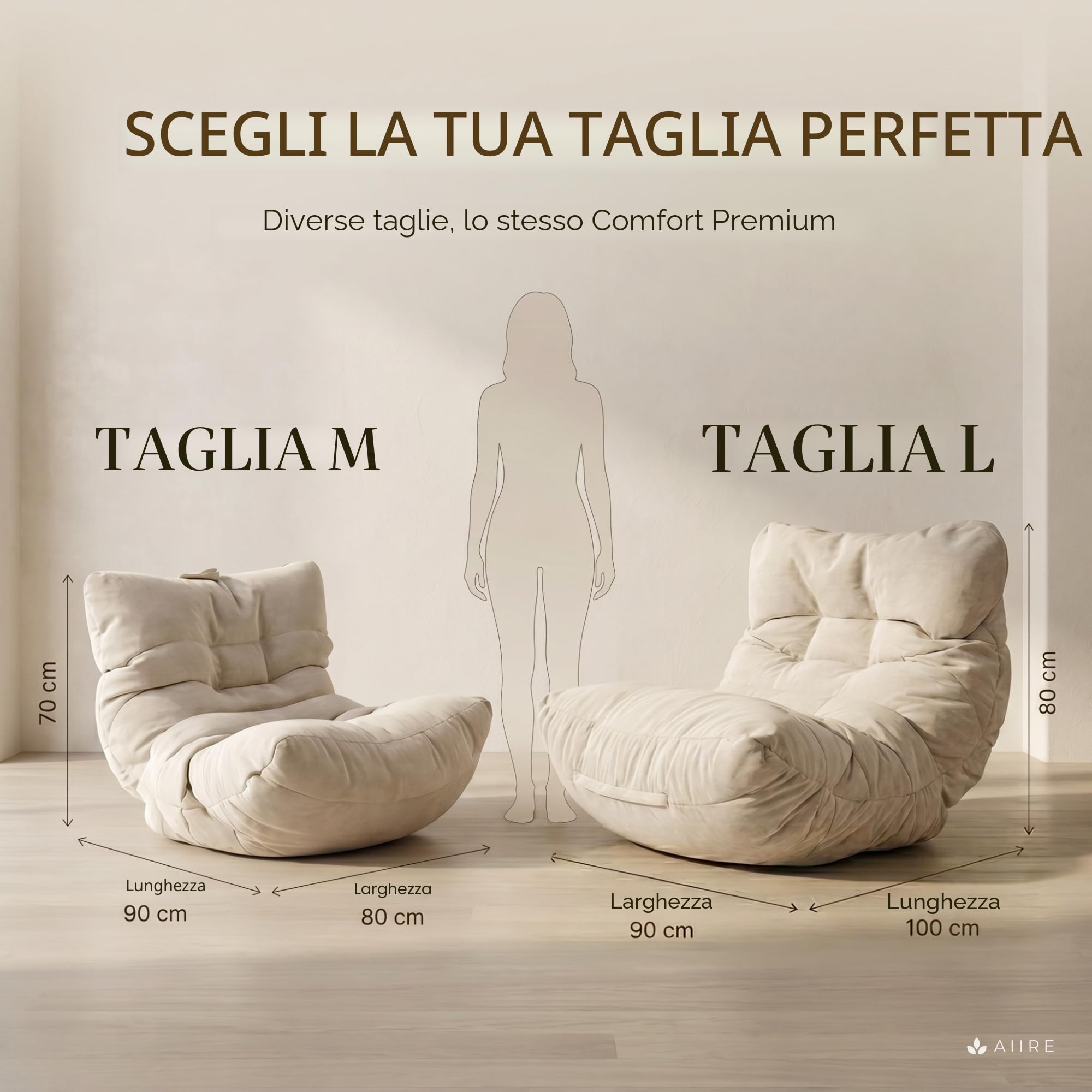 Aiire Pouf Poltrona Sacco di Design - Puff per Sedersi in Cotone con Imbottitura Inclusa - Bean Bag Chair per Salotto, Camera da Letto o Lettura - Pouffe Moderno Beige