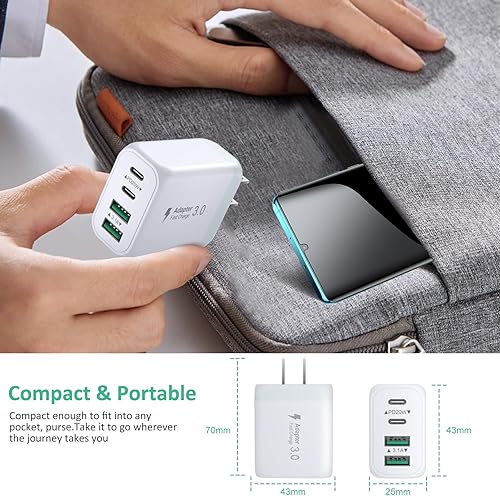Miniatura 5 de Bloque de cargador USB C, paquete de 2 cargadores de pared USB C de 40 W de 4 puertos con cable USB C a C de 6 pies, adaptador de corriente dual