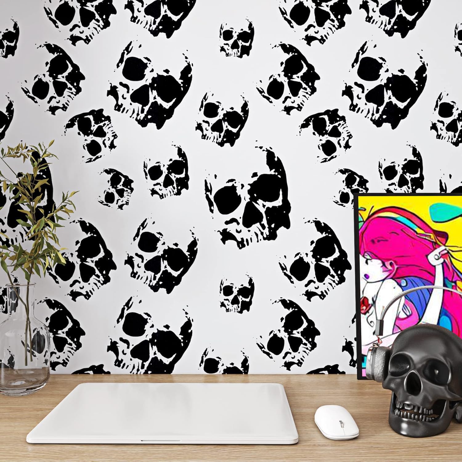 ReWallpaper 17.5in×23ft Black Skull Peel and Stick Wallpaper Self Adhesive Gothic Removable Wallpaper Black and White Skulls Contact Paper for Cabinets Bedroom Scary Halloween Wall Decor Vinyl Sticker
