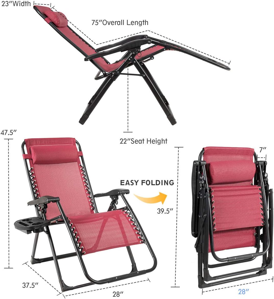 Goplus Oversized Zero Gravity Chair, XL-Extended Version, Outdoor Recliner w/Cup Holder & Detachable Headrest, Foldable Mesh Lounge Chairs for Patio Pool Porch & Deck, 500LBS (Wine)