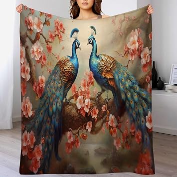 Peacock Throw Blankets Peony Flowers Picture Bird Branch Painting Vintage Prints Throw Blankets for Home Sofa Bed Couch Chair Or Dorm 30"x40"