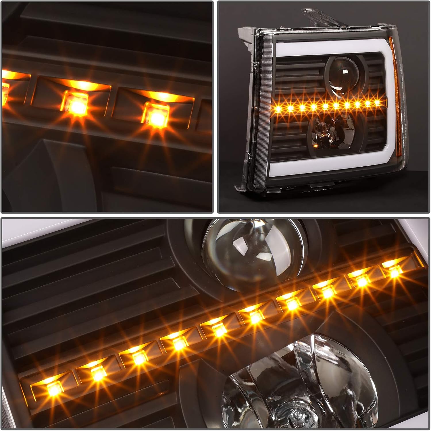 DNA MOTORING HL-LB-T2-SIE07-BK-AM Black Projector Headlight With LED U-Halo DRL Compatible with 2007-2014 SIERRA