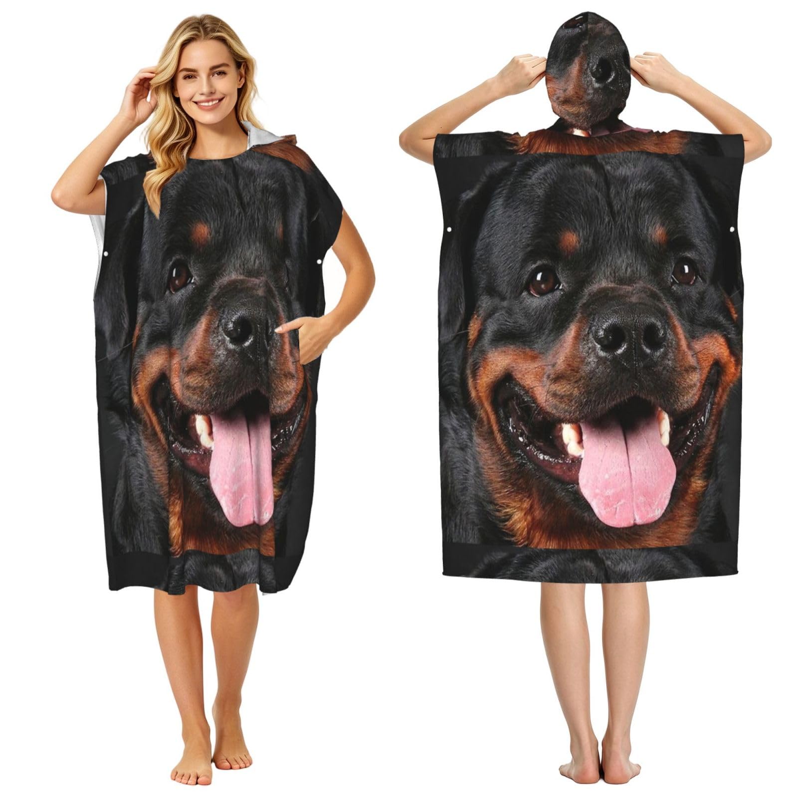 Poadnly Rottweiler Dog, Adult Hooded Beach Towel 90 x 110 cm,Changing Bath Robe, Surf Poncho Towel For Women Men