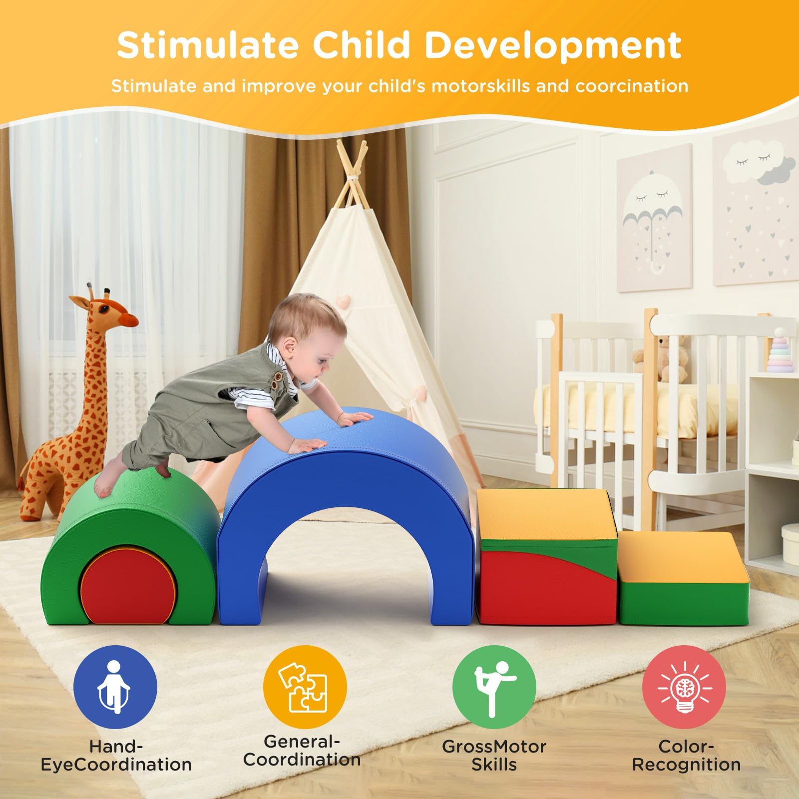Parcours motricité bébé,5 pièces Jouets d'escalade,Mousse Blocs de Construction Jouets éducatifs,Soft Play Corner Climber pour Tout-Petits Bébé 1 Ans+ (Couleur)