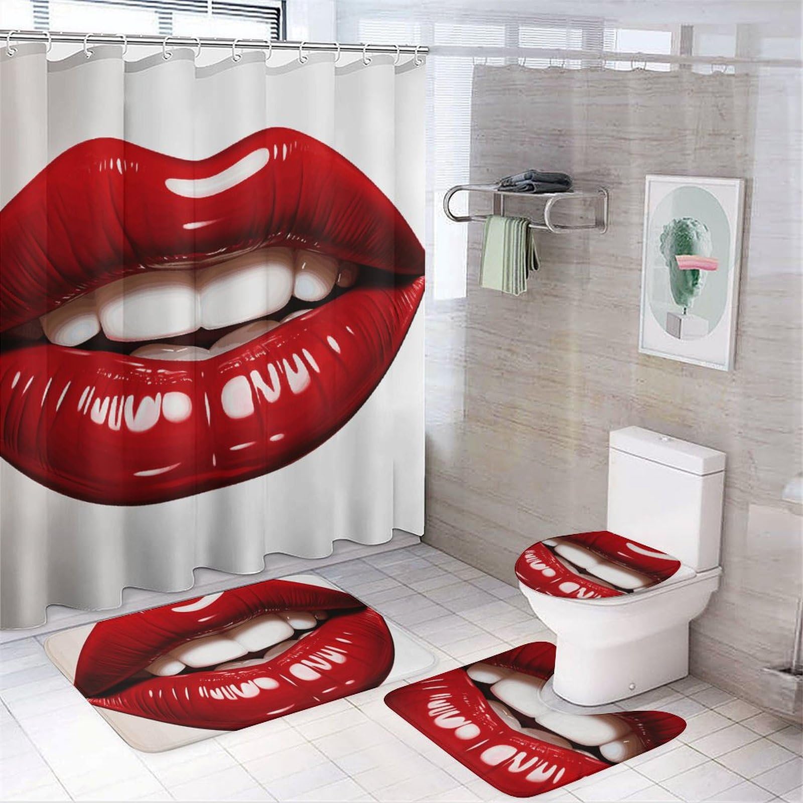 Eviter les chutes en salle de bain avec le lot de 4 rideaux de douche lèvres rouges et tapis