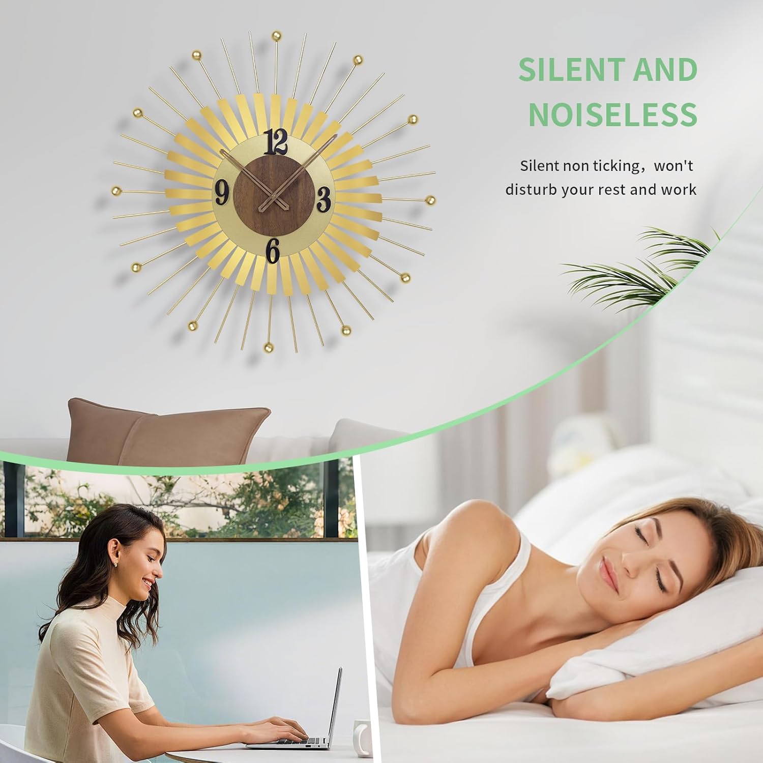 Condition photo showing New/Like New for 22 inch modern sunburst wall clock - gold silent battery operated decorative clock with walnut wood for living room, office, bedroom decor c- gold starburst shape