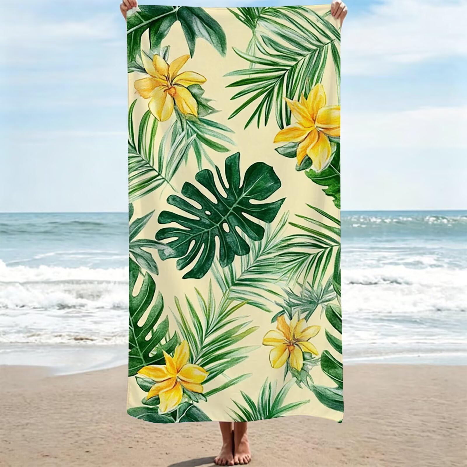 Serviette microfibre plage légère 100x220 natte de piscine motif végétal crème