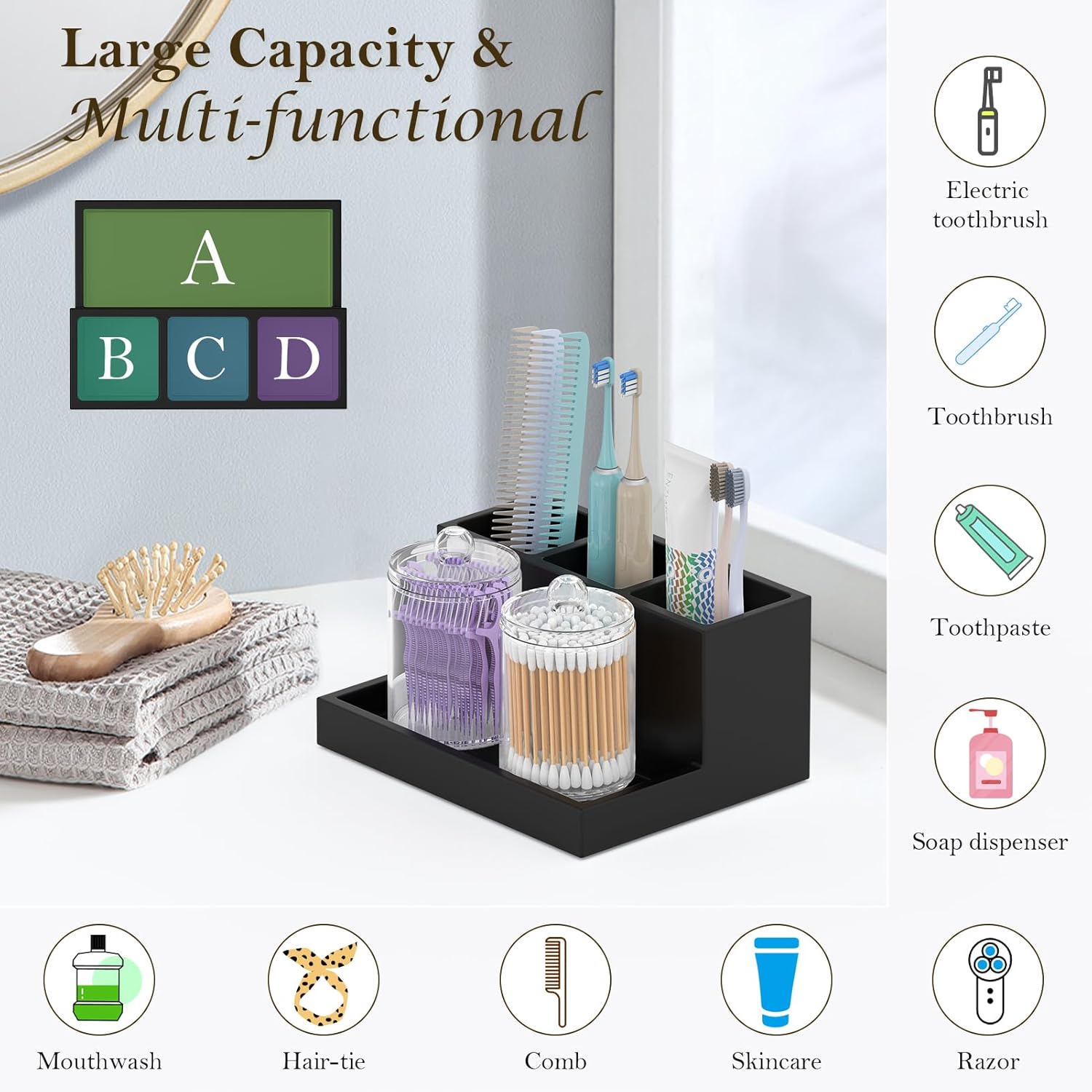 Toothbrush Holder for Bathroom with 2PCS Qtip Holder Dispenser, 3 Slot Bathroom Accessories Holder Floss Cotton Swab Holder Bathroom Vanity Tray for Oral Care Comestic Organizer Counter Storage, Black