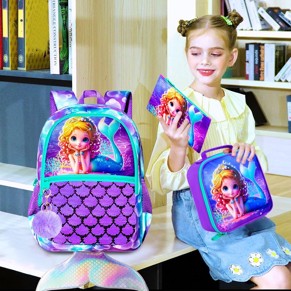 3Pcs Mermaid Backpack for Girls, 16" Sequins Kids Bookbag with Lunch Box, School Backpacks Set for Elementary Preschool Kindergarten(Purple) - Image 3