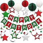 meowtastic Birthday Decorations, Happy Birthday Banner with Honeycomb Balls, Stars Hanging Swirl Streamers, Circle Dots Garland, Happy Birthday Party Decorations for Women Men Boys Girls (Red & Green)