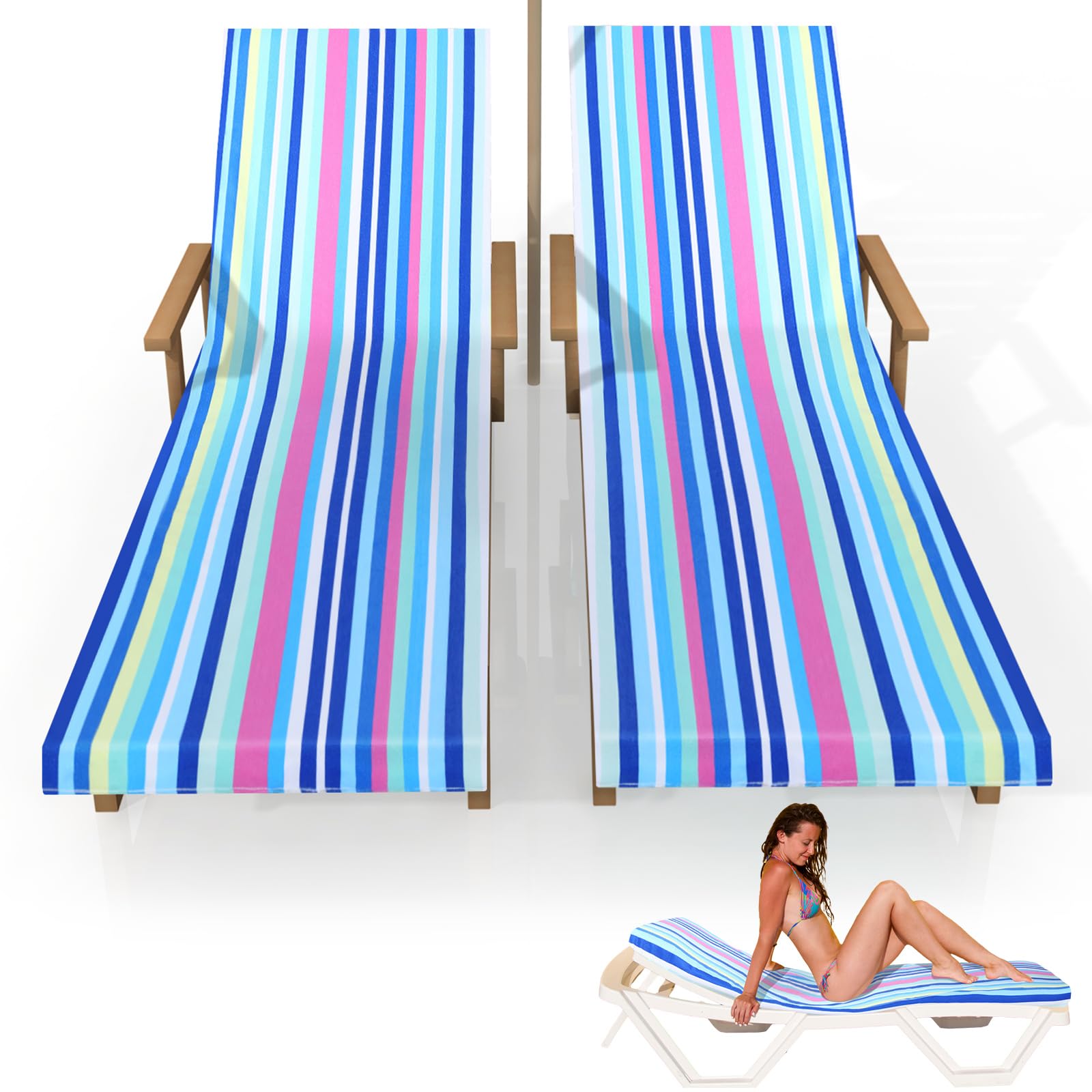 2 Pcs Chaise Lounge Towel Cover 30 x 85 Inches Stripe Pool Lounge Chair Cover Oversize Beach Chair Towel Ringspun Terry Cotton Stripe Chair Cover with Top Pocket for Beach Garden Sunbathing