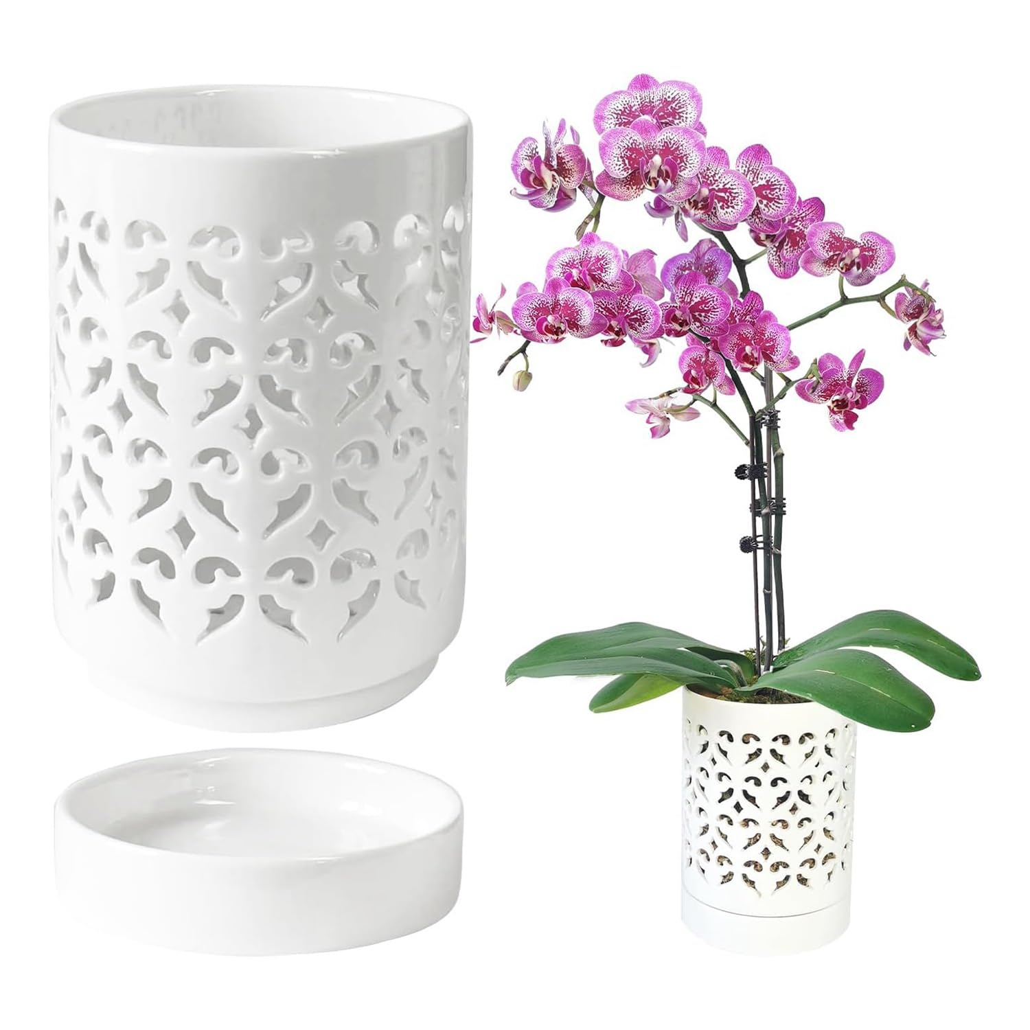 Vaso Per Orchidee In Ceramica A Doppio Strato Con Fori E Colonna D'Aria - Bianco, Varie Misure