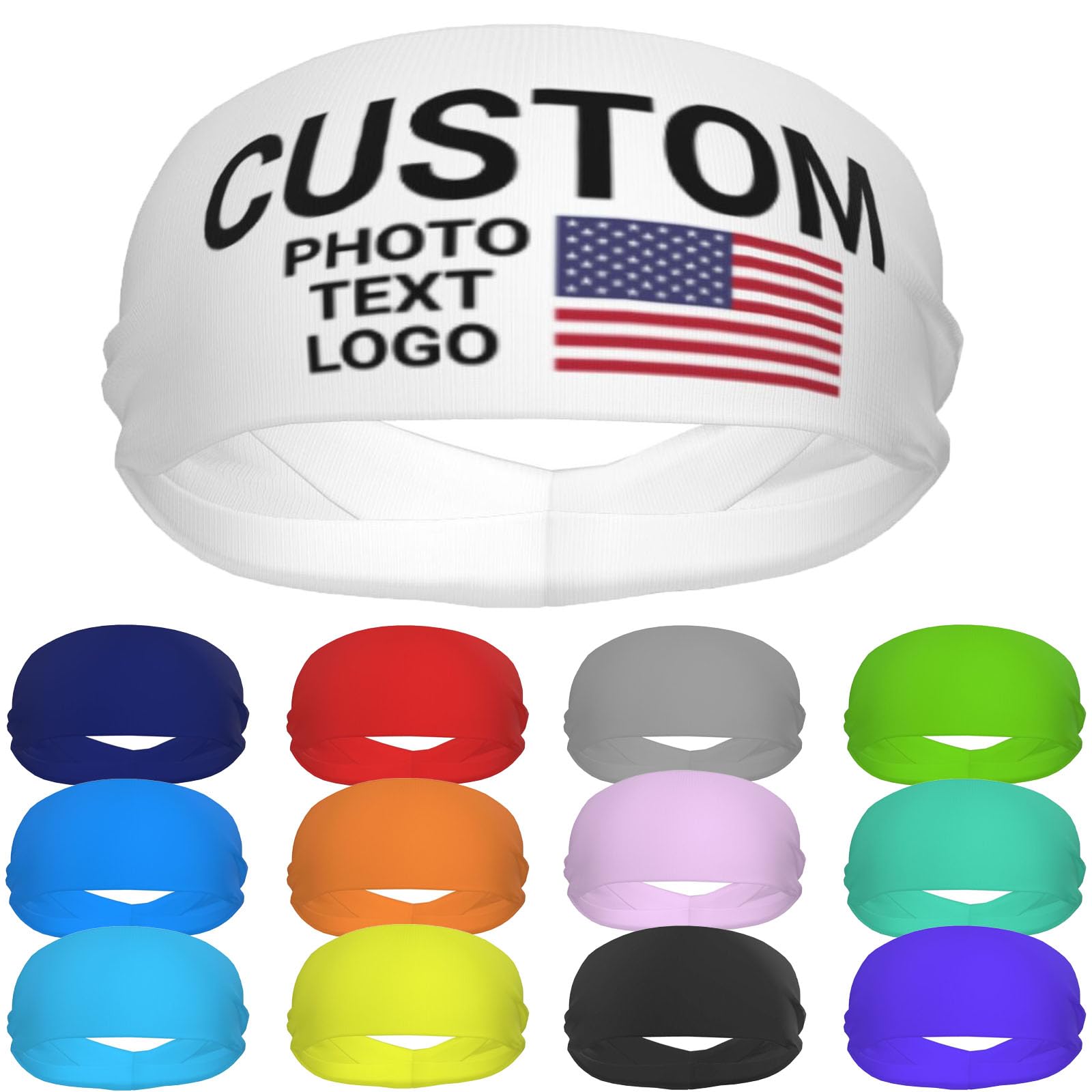 Custom Sports Headband Sweatband Bandana Add Your Photo Logo Text Number, Bulk Customized Unisex Sports Moisture Wicking Breathable Elastic