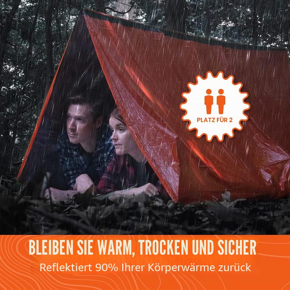 Go Time Gear Rettungszelt Notfall Überlebensunterstand - 2 Personen Notfallzelt - Verwendung als Überlebenszelt, Notunterkunft, Schlauchzelt, Survival Tarp, inklusive Survival Whistle & Paracord