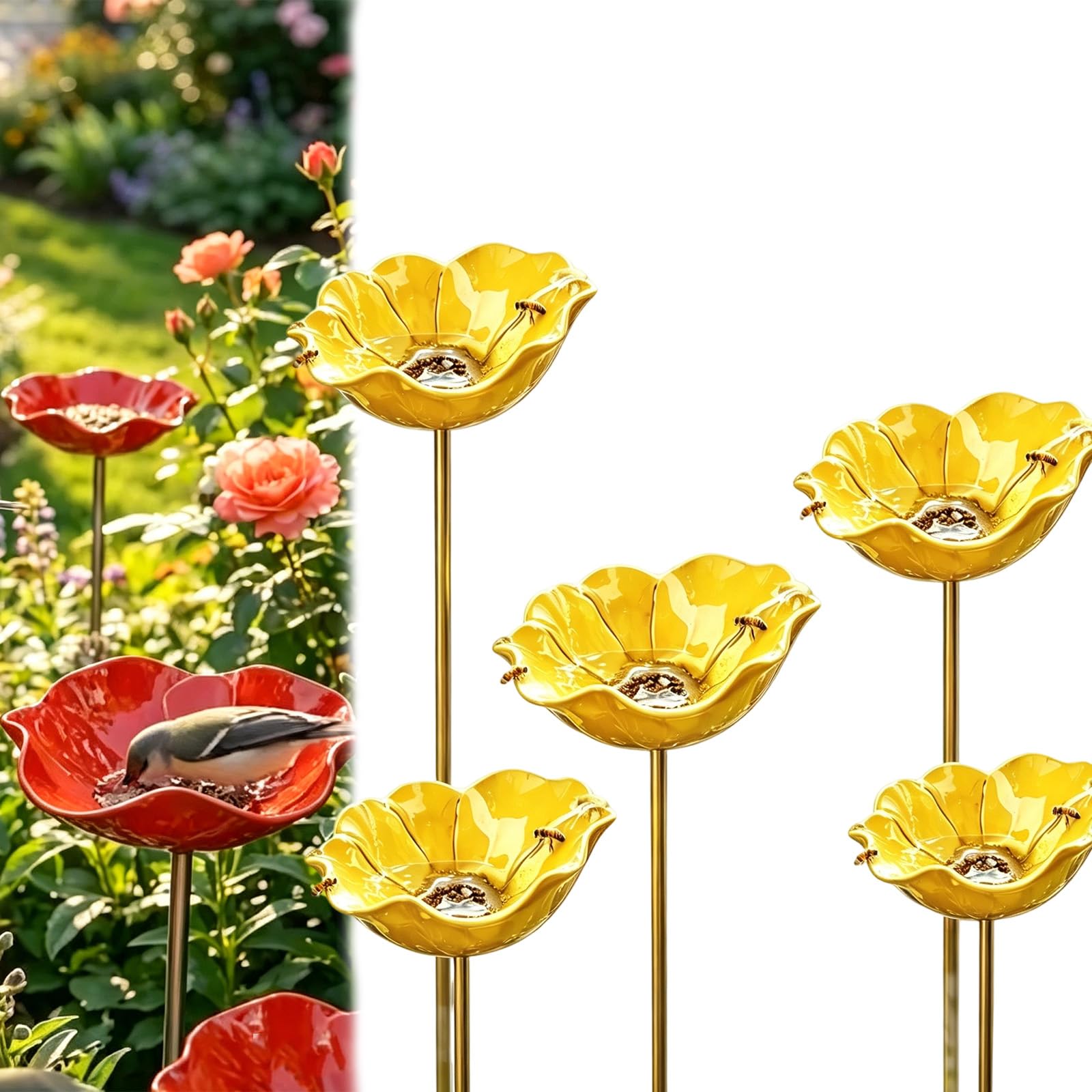 Bee Bath For Garden, Handmade Metal Flower Garden Stake, Rain Catcher Bird Bath Bowls, Colourful Butterfly & Bee Water Feeder, for Yard, Lawn & Patio Decor (5pcs-Yellow)