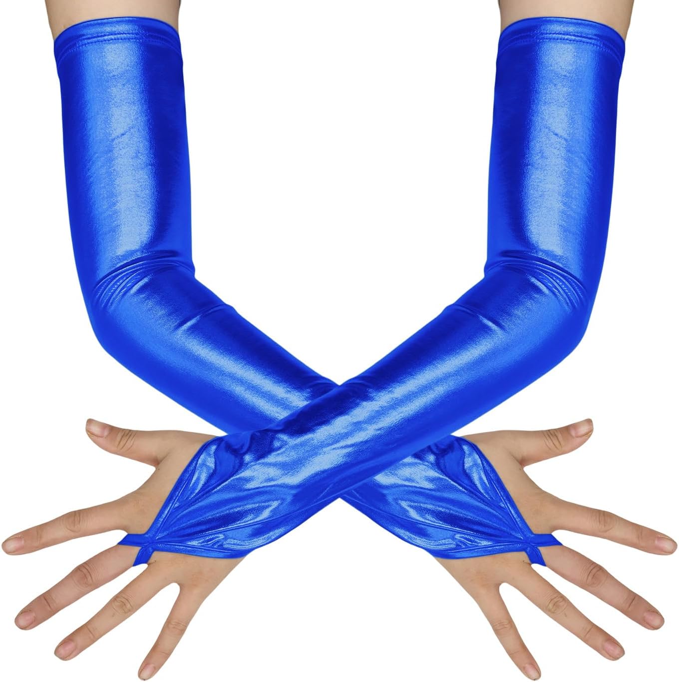 ATHX Women's Wet Look Shiny Metallic Gloves Costume 19" Spandex Fingerless Opera Long Gloves Accessories