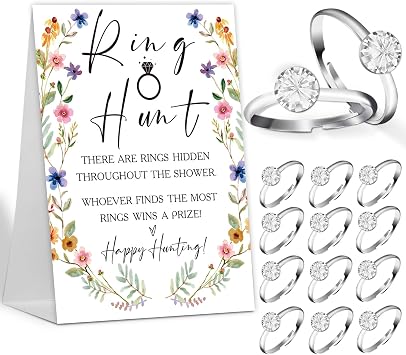 The Ring Hunt Game, Boho Floral Bridal Shower Games with Rings-One Sign and 30 Rings, Bridal Shower and Wedding Shower Games for Guests, Engagement Party Game, Bridal Shower Decorations-LS7