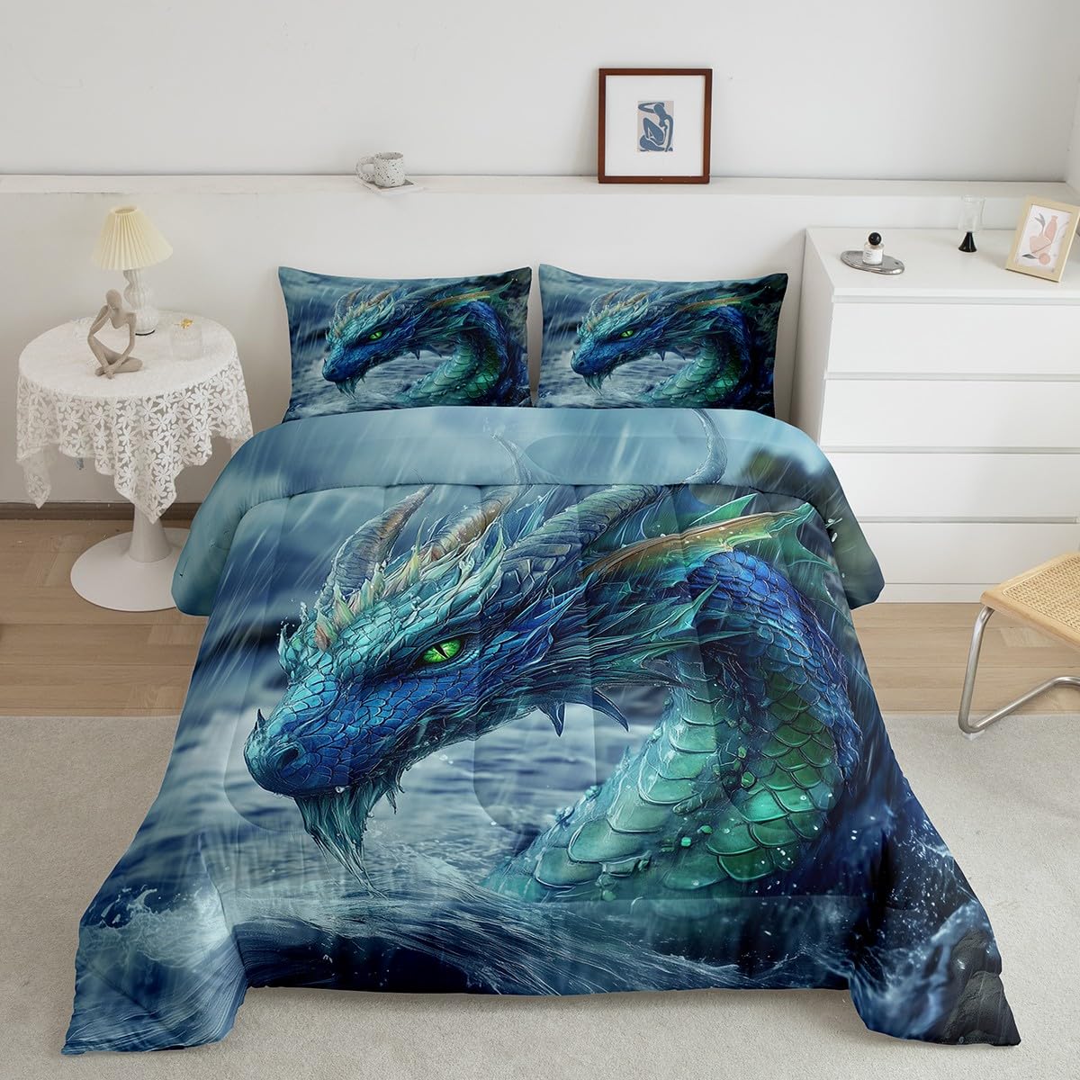 Parure de lit dragon 3D bleue en duvet lit double avec 2 taies d'oreiller