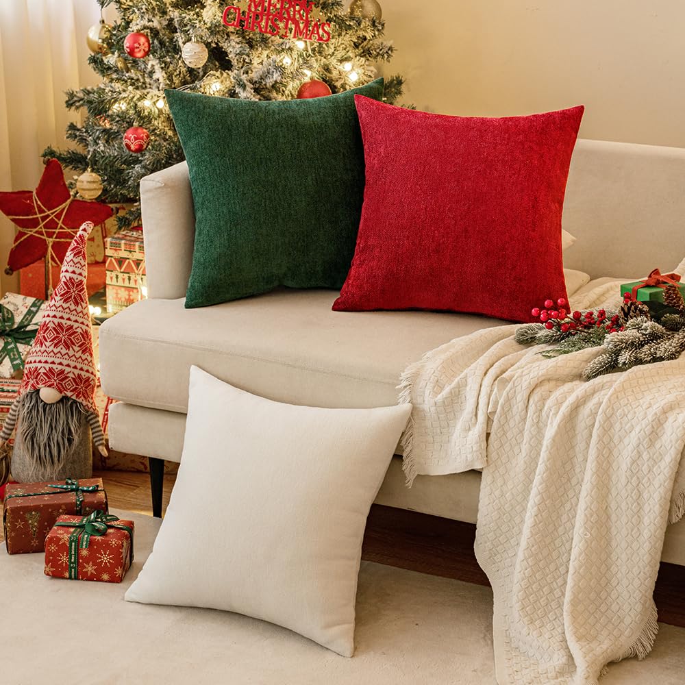 MIULEE Pack of 2 Christmas Red Chenille Decorative Pillow Covers 18x18 Inch
