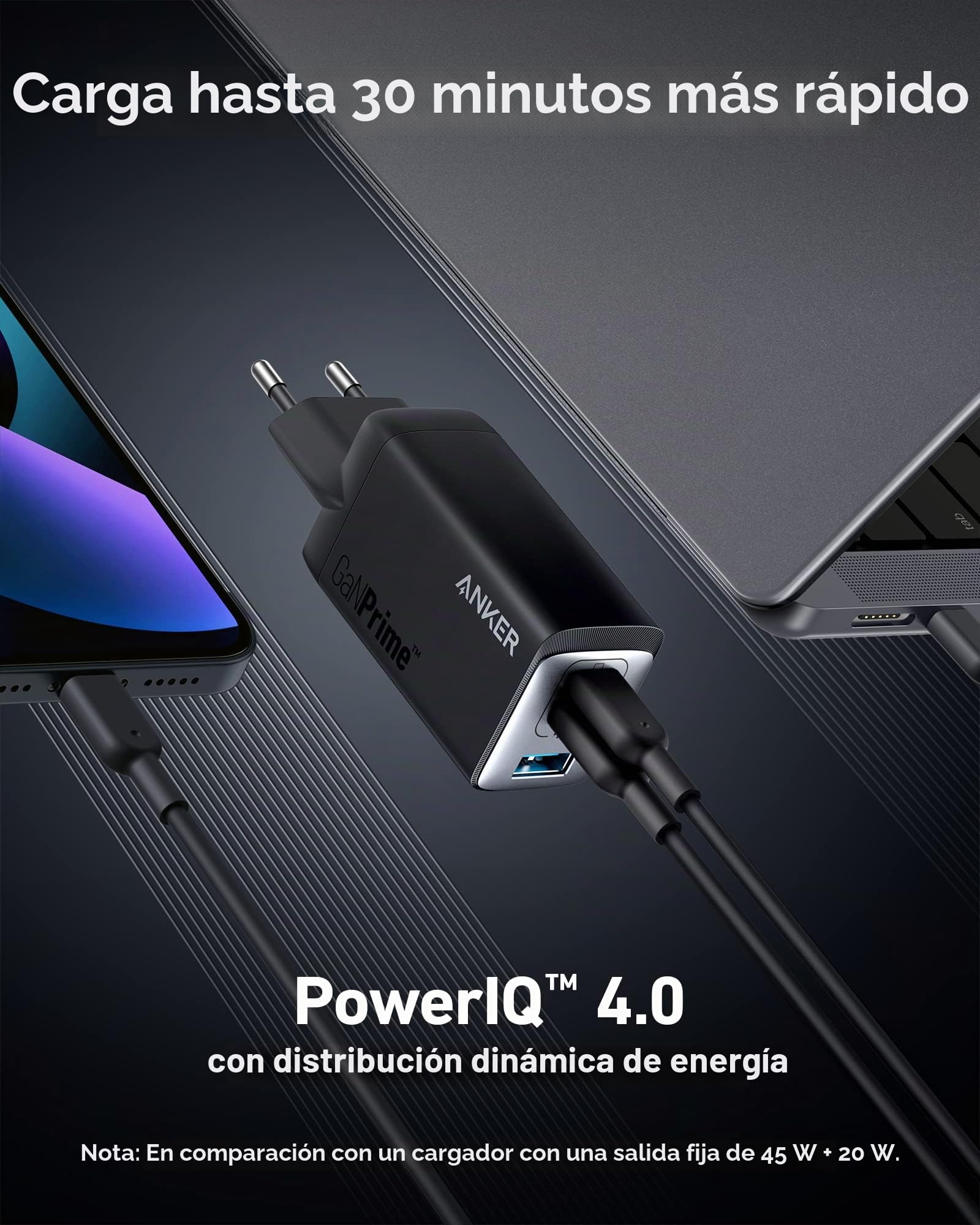 Anker Cargador USB C, Cargador Anker 735 (GaNPrime 65W), Cargador rápido y Compacto de 3 Puertos para MacBook Pro/Air, iPad Pro, Galaxy S22/S21, HP Spectre, Note 20/10+, iPhone 13/Pro, Pixel, etc.