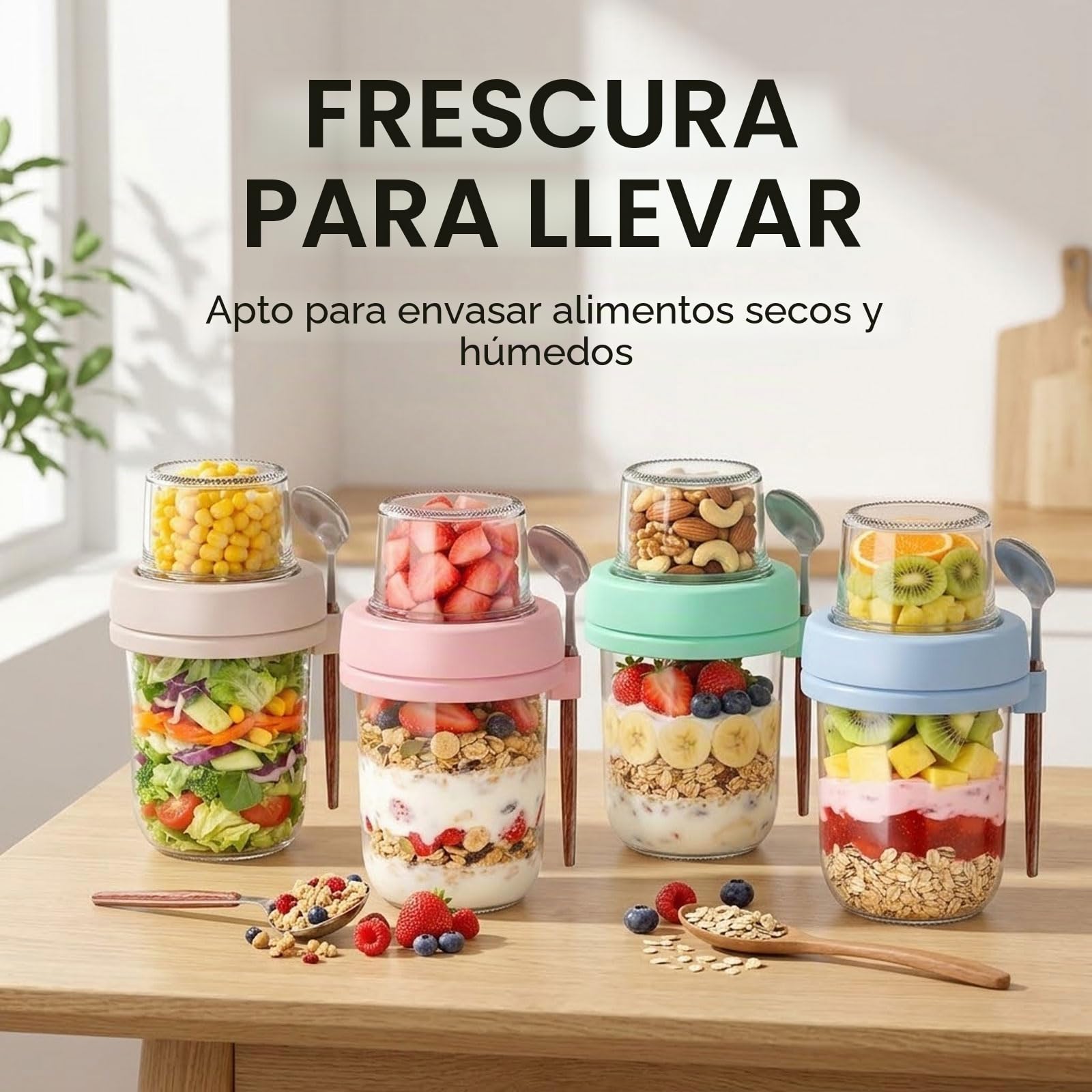 4er Set Overnight Oats Vasos con Tapa y Cuchara – 16oz Envases de Muesli & 4oz Caja de Snack, Vasos de Yogur para Llevar de Vidrio con Doble Cámara, Recipientes de Desayuno para Preparación de