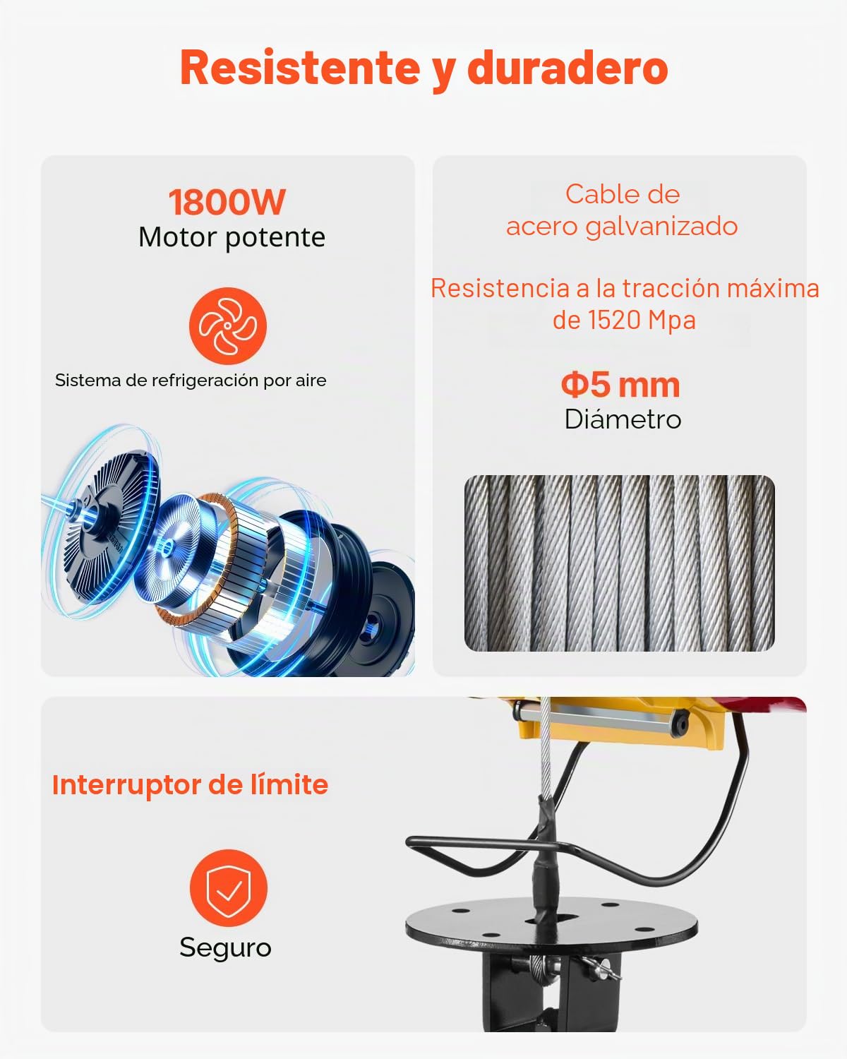 VEVOR Cabrestante eléctrico de 500 kg de capacidad, cabrestante eléctrico portátil de 1800 W, altura de elevación 30 m, 11 m/min con mando a distancia de cable e inalámbrico, para garaje, fábrica