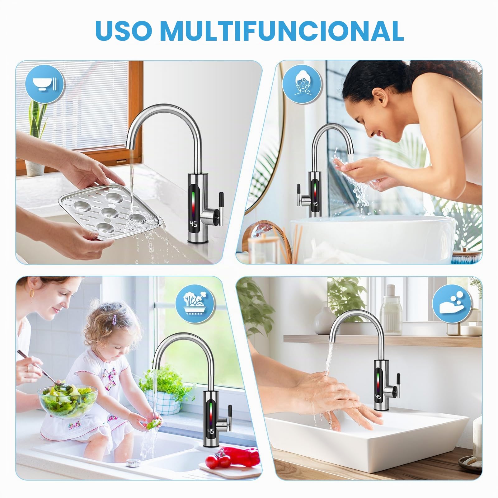 Grifo Eléctrico, Calentador de Agua Eléctrico de Cocina con Pantalla Digital LED, Grifo de Calefacción de Dirección Ajustable de 3000 W, Adecuado para Baños y Cocinas