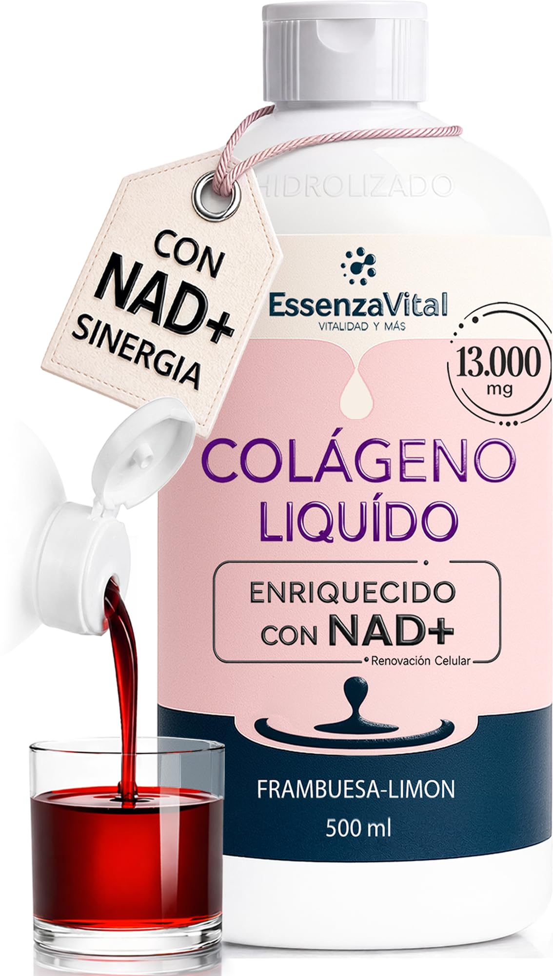 Colágeno Hidrolizado Líquido 13.000mg con NAD+ y Ácido Hialurónico para Mujeres - Bebible 13g por Dosis - Piel, Cabello y Uñas - Sabor Frambuesa-Limón - EssenzaVital Suplemento de Belleza 500ml (1Mes)