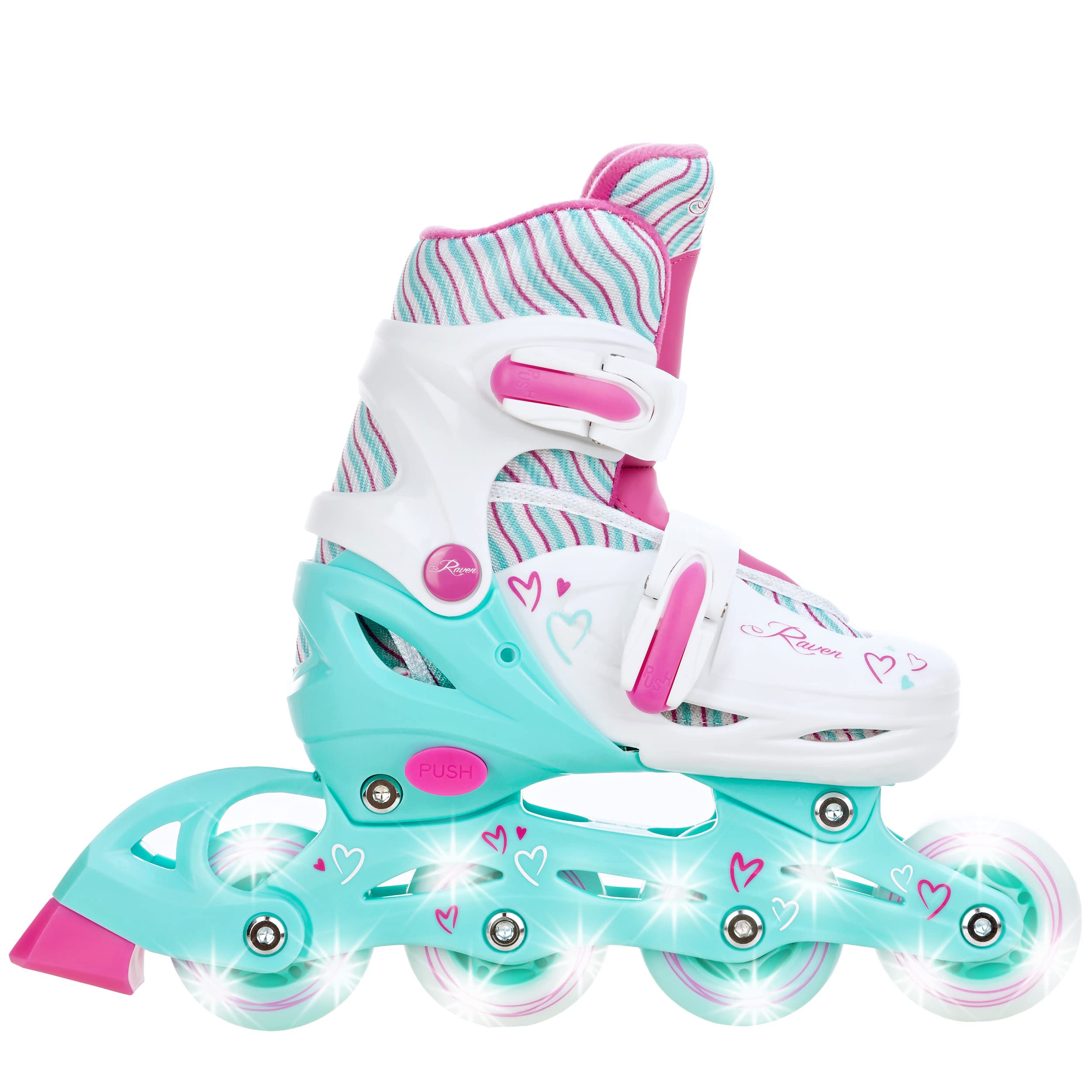 Raven - Roller en Ligne Loret Roues LED du 27 au 30 + Patin à Roulette + Patin à Glace + triskate Enfant Mixte Taille Ajustable Menthe/Rose Raven