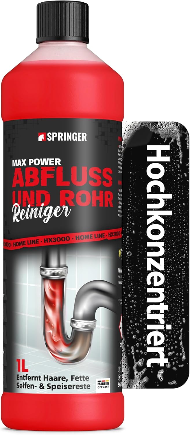 SPRINGER HX3000 - Rohr &amp; Abflussreiniger MAX POWER - 1 L - Made in Germany - Extra starker Rohrreiniger - Power-Reiniger gegen Rohrverstopfungen durch Haare, Fett, Seife, etc. - Für Bad &amp; Küche