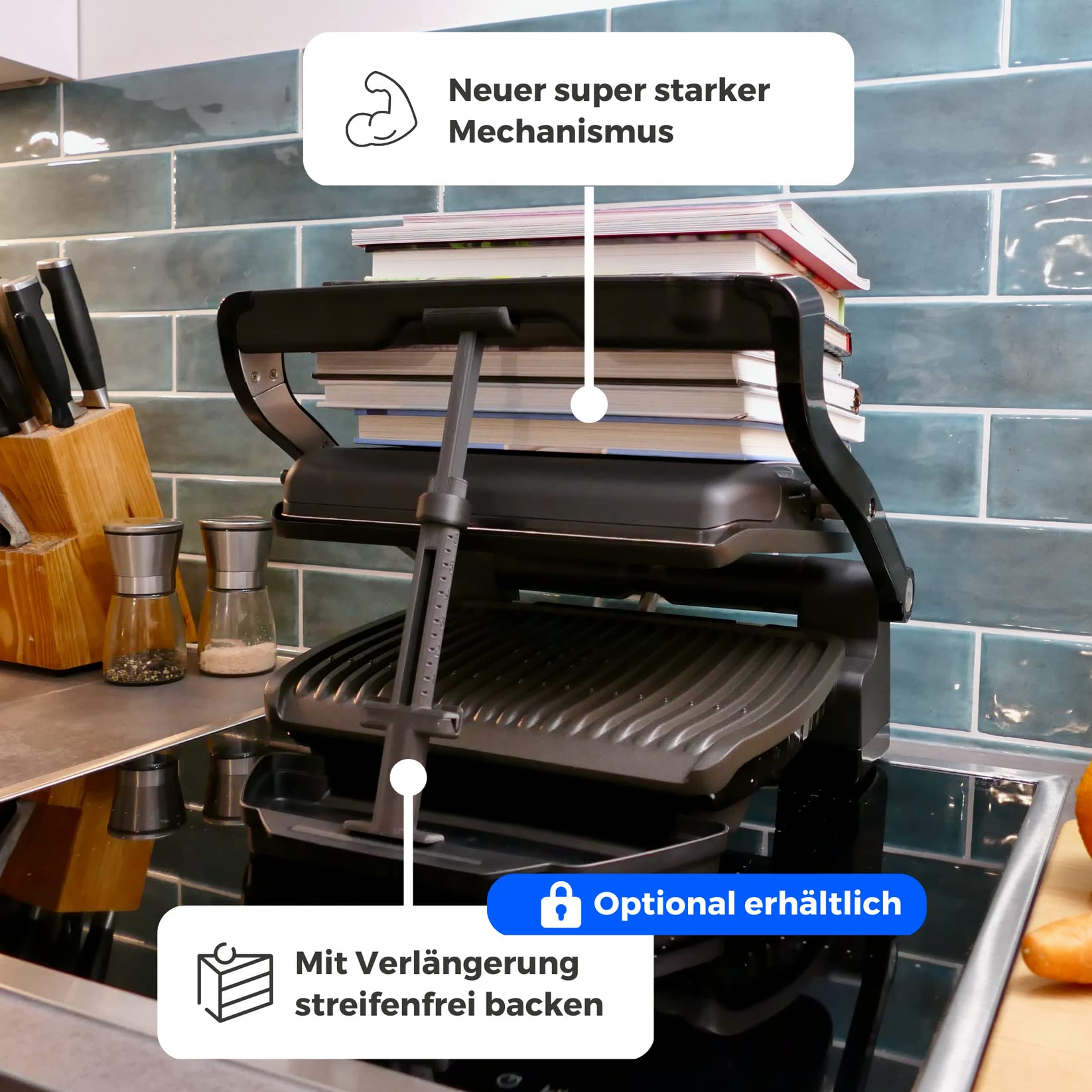Generisch Wspornik dystansowy V2 do Tefal/Rowenta Optigrill XL + klips blokujący + przedłużka, dystans, pomoc przy grillu