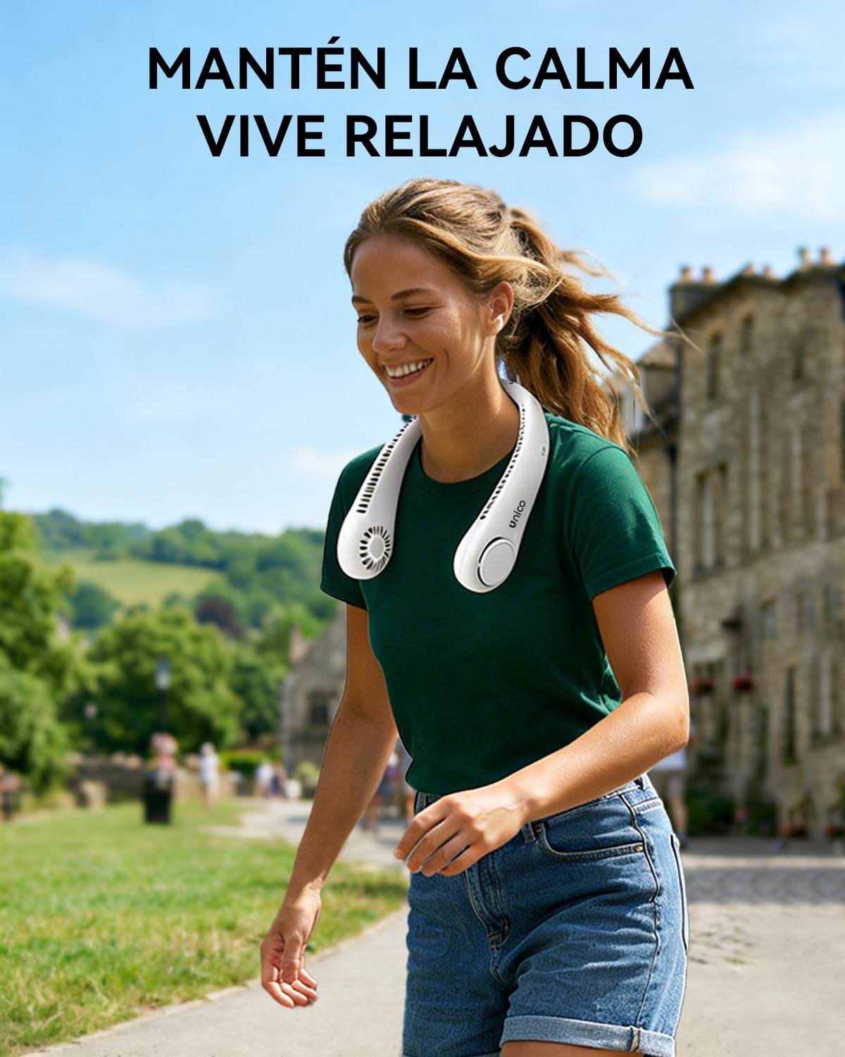 Unico Ventilador de Cuello, Mini Ventilador Portatil Sin Aspas, USB Recargable Bateria 1800 mAh con Ajustable 3 Velocidades
