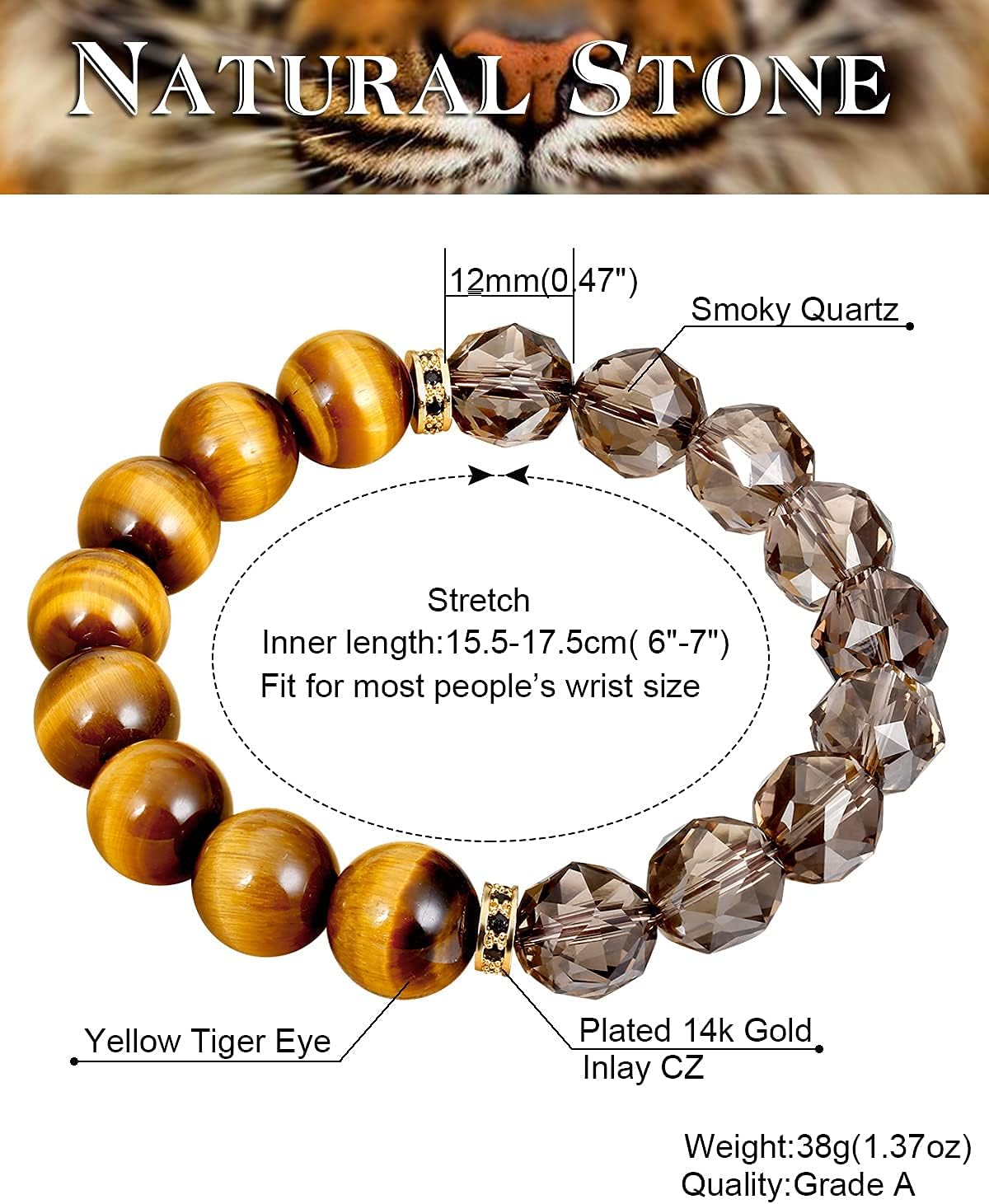Jewever Natural Smoky Quartz with Yellow Tiger Eye Bracelets for Men Women Amulet Energy Healing Crystals Bring Wealth Prosperity Lucky Men's Luxury Bracelet Jewelry Gifts Unisex