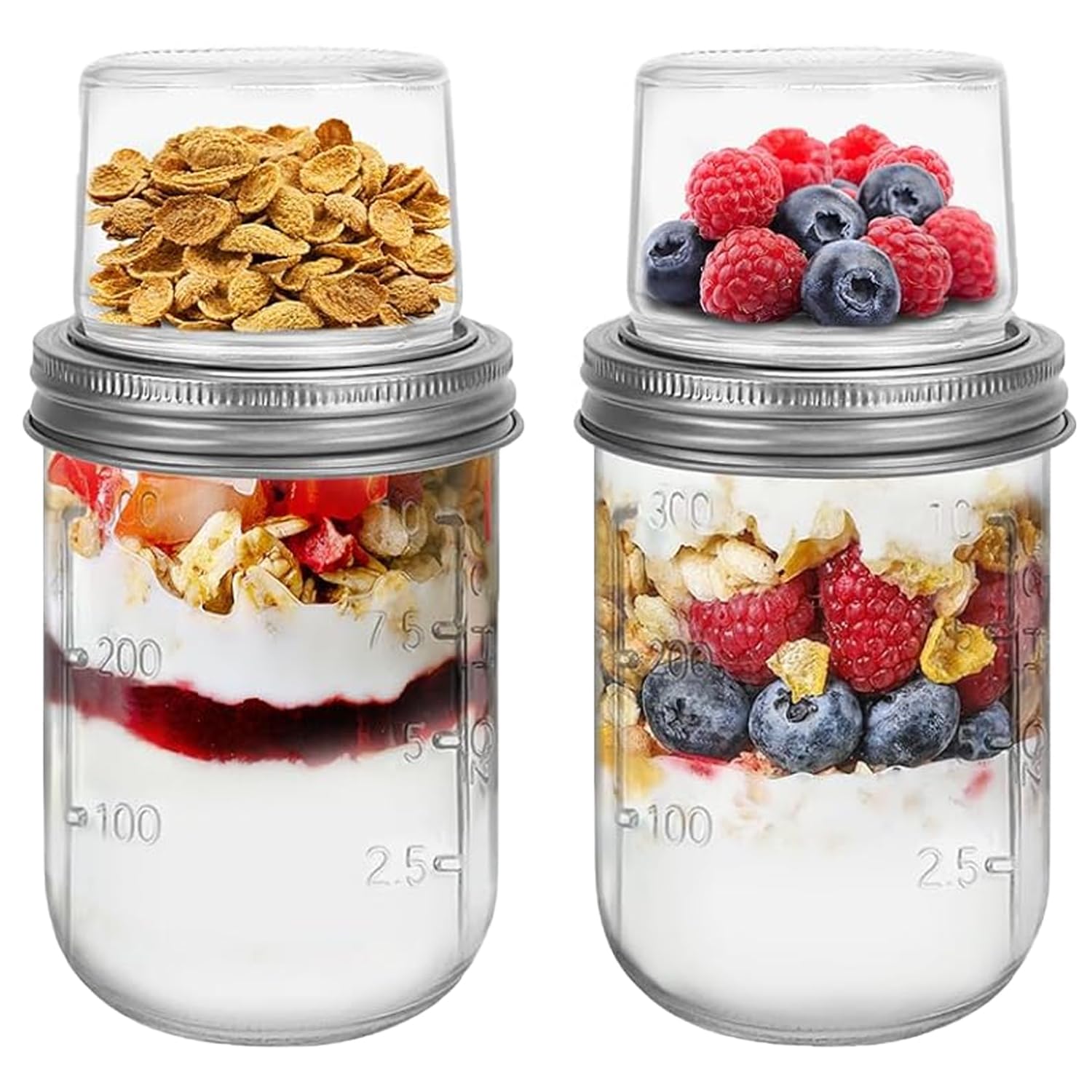 ALINK 2er Overnight Oats Gläser, 480ml+120ml Müslibecher to go, Joghurtbecher mit Doppelschicht-Design, Trocken- und Nasstrennung Müsli to go Becher, Meal Prep Gläser mit Deckel für Yogurt Porridge