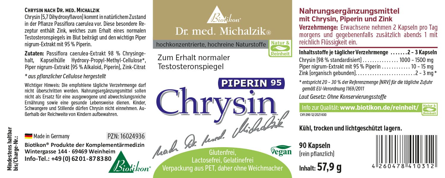 Chrysin Piperin nach Dr. Michalzik, 1000-1500 mg Chrysin, 90 Kapseln | Mit Chrysin, Piperin und Zink • eigene deutsche Produktion • ohne Zusätze