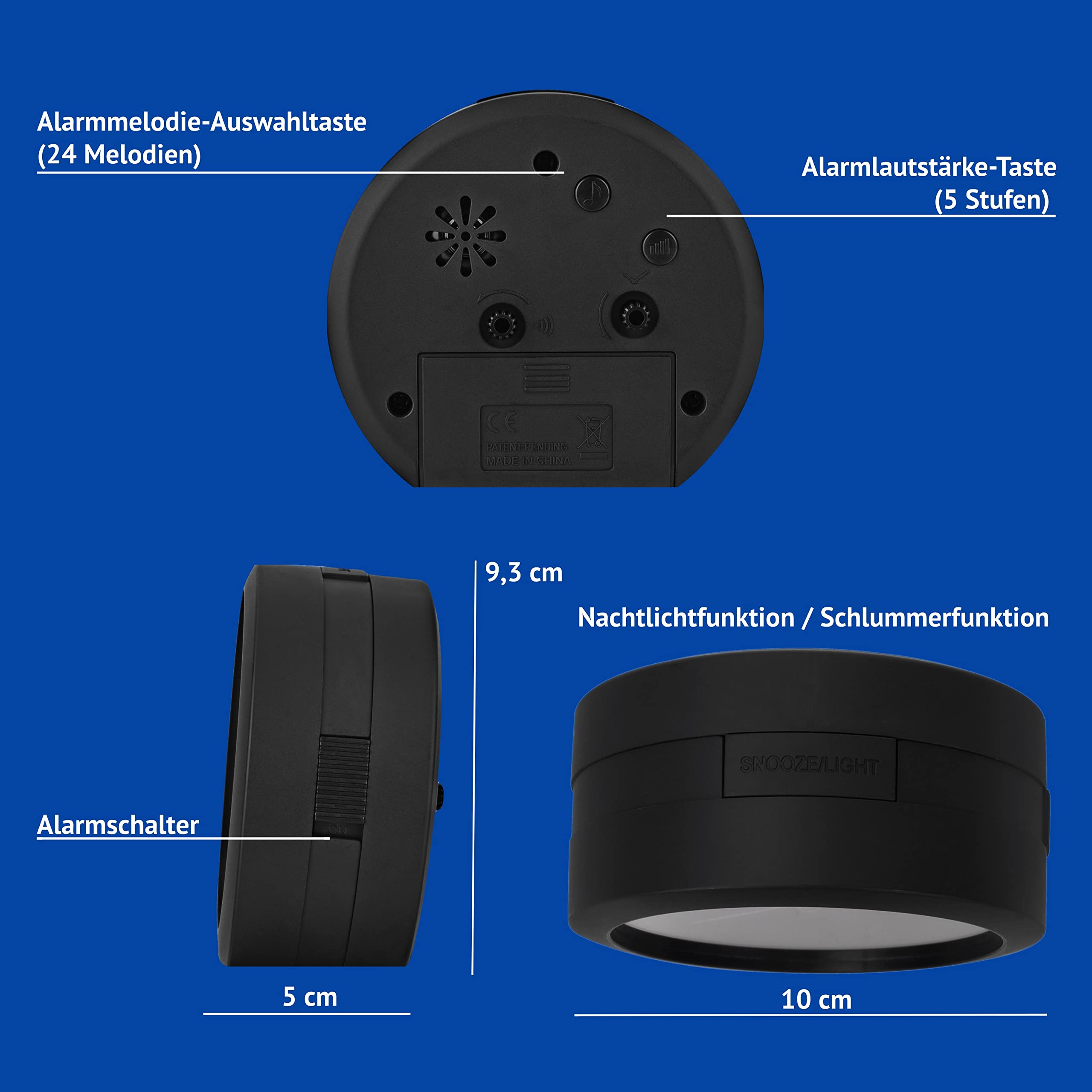 SIMSAM Wecker Kinder Jungen, Kinderwecker Jungen Ohne Ticken für Schulanfänger, Einschulung Kinder Wecker für Junge, Schulkind Lernwecker Analog mit 24 Melodien, Batterie, Snooze (Schwarz-Hellblau)