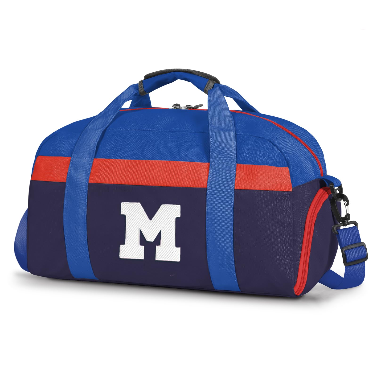 Initial Kids Duffle Bag for Boys or Girls, Kids Overnight Bag with Shoe Compartment, Personalized Weekender bags, Birthday Gifts for Women Boys Girls(Red Blue-LetterM)