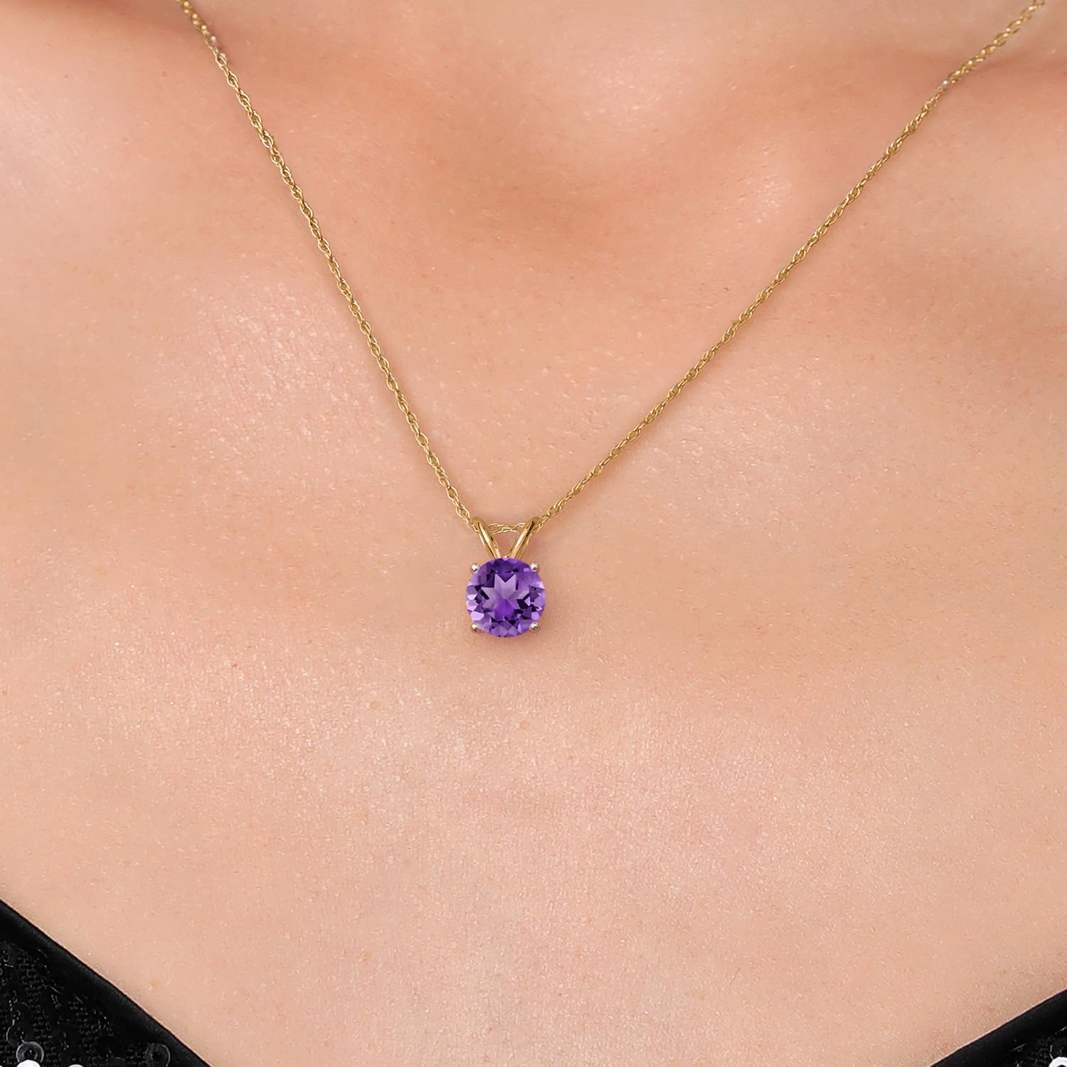 Gem Stone King 14K Yellow Gold Purple Amethyst Pendant Necklace for Women | 1.00 Cttw | Gemstone February Birthstone | Round 6MM | With 18 Inch Chain - Image 3