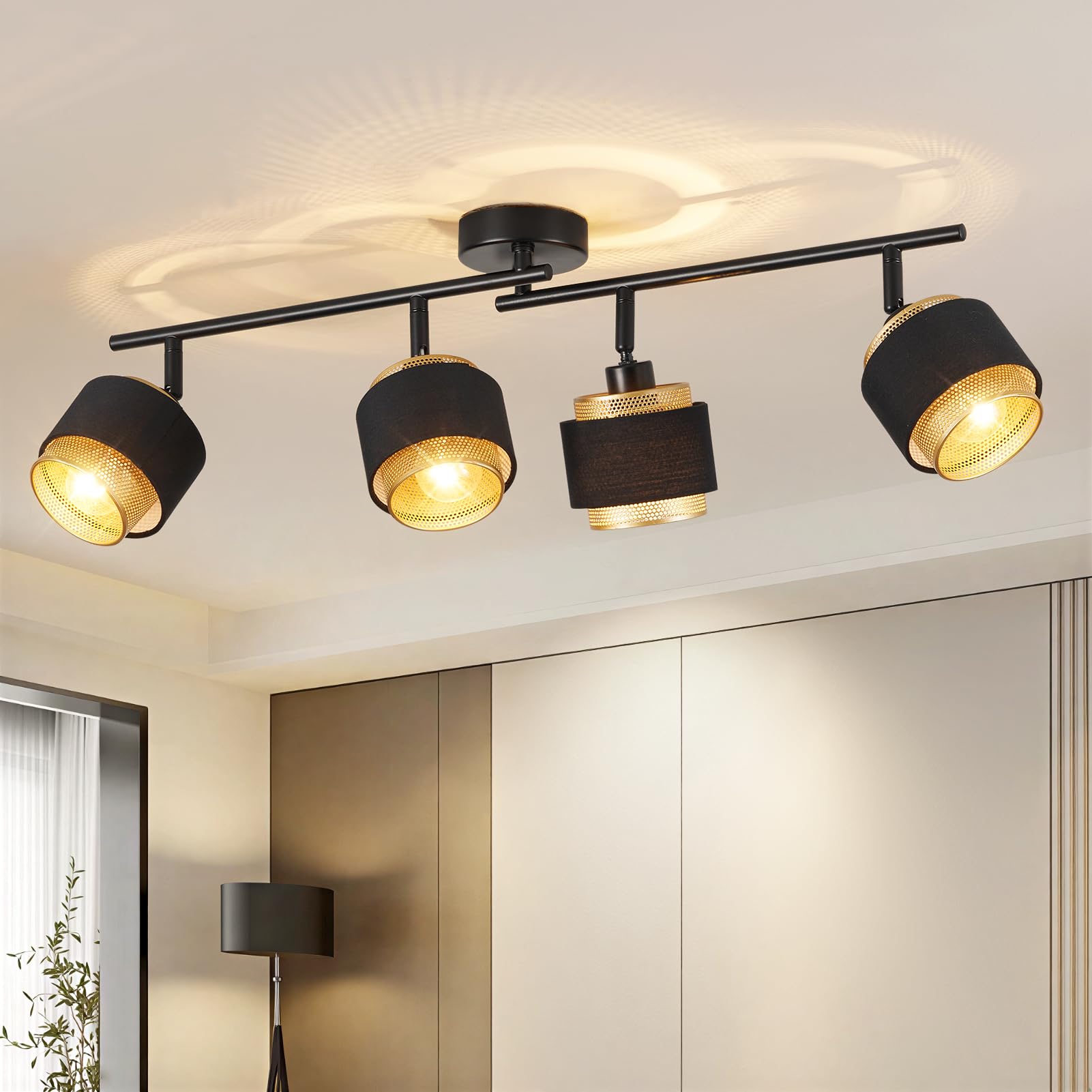 Harper Living 4 Way Ceiling SpotlightsBlack & Gold4Xe14 40W MaxRotation HeadsMetal Mesh & Fabric Shade from B&Q