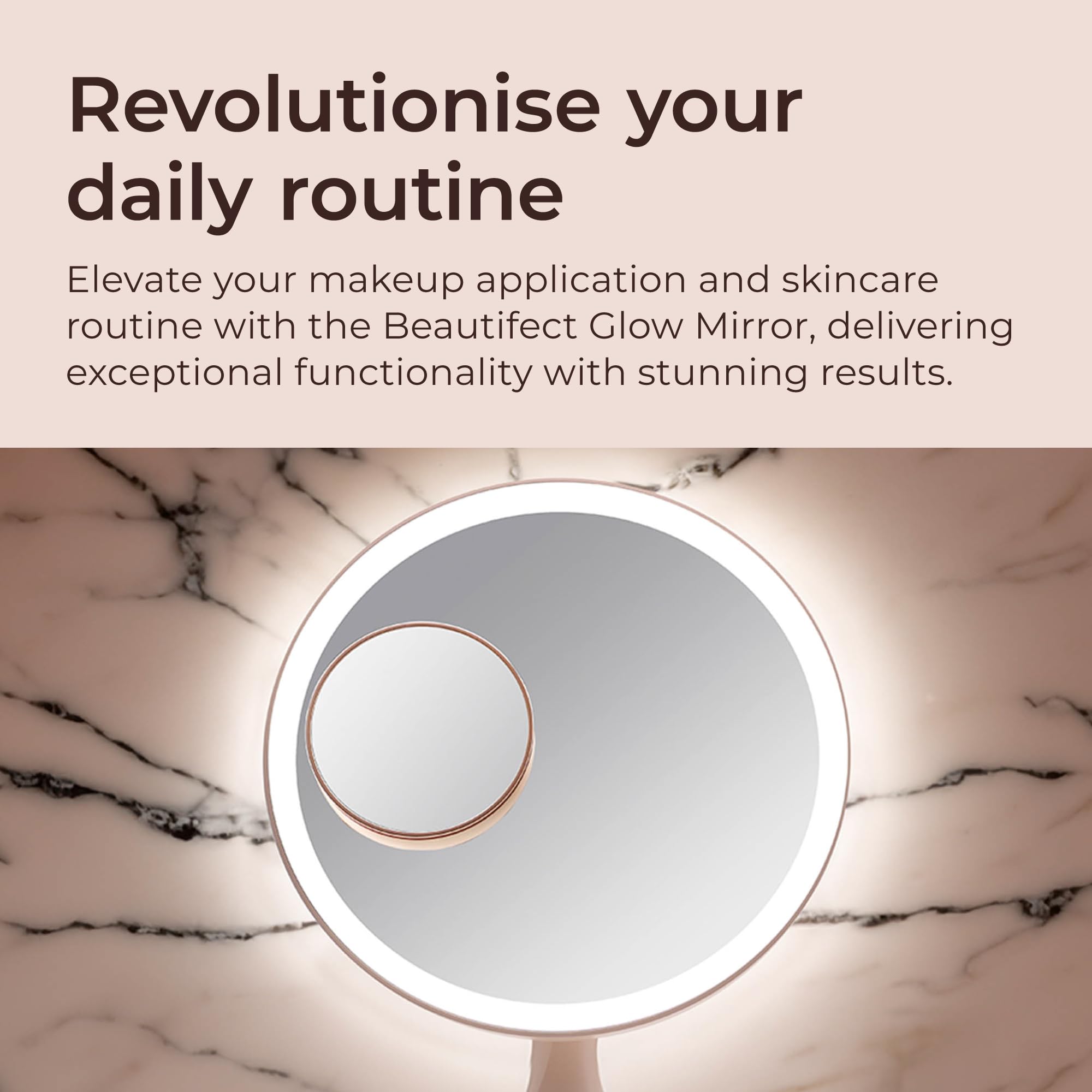 Beautifect Glow Nude Kosmetikspiegel mit Lichtern und Vergrößerungsspiegel, 3 Farbumgebungen und fortschrittlicher CRI 95+ Technologie für tägliches Make-up und Hautpflege
