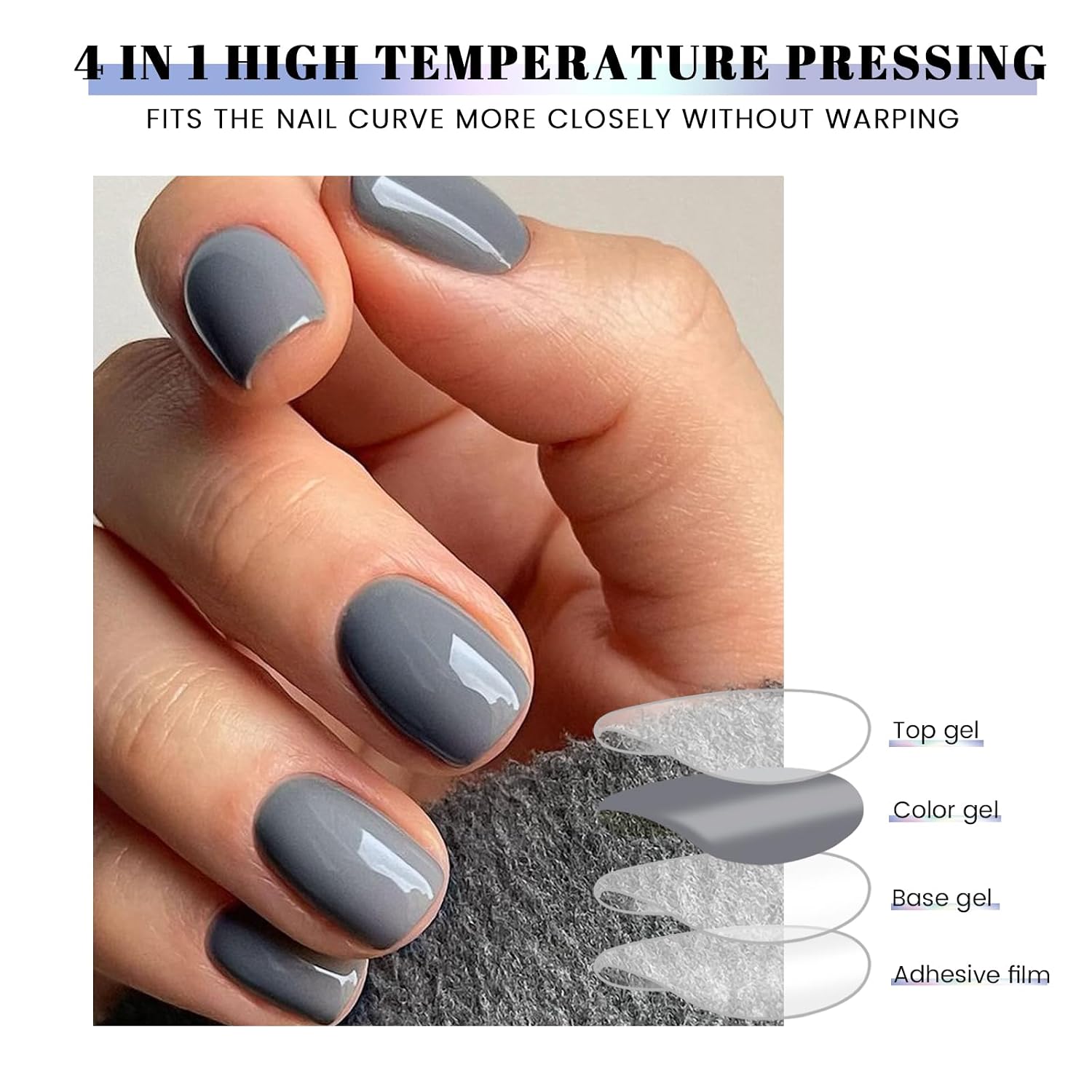 Semi Cured Gel Nail Strips | Gel Nail Stickers with UV Light Required | Salon Quality, easy application and removal（Grey）