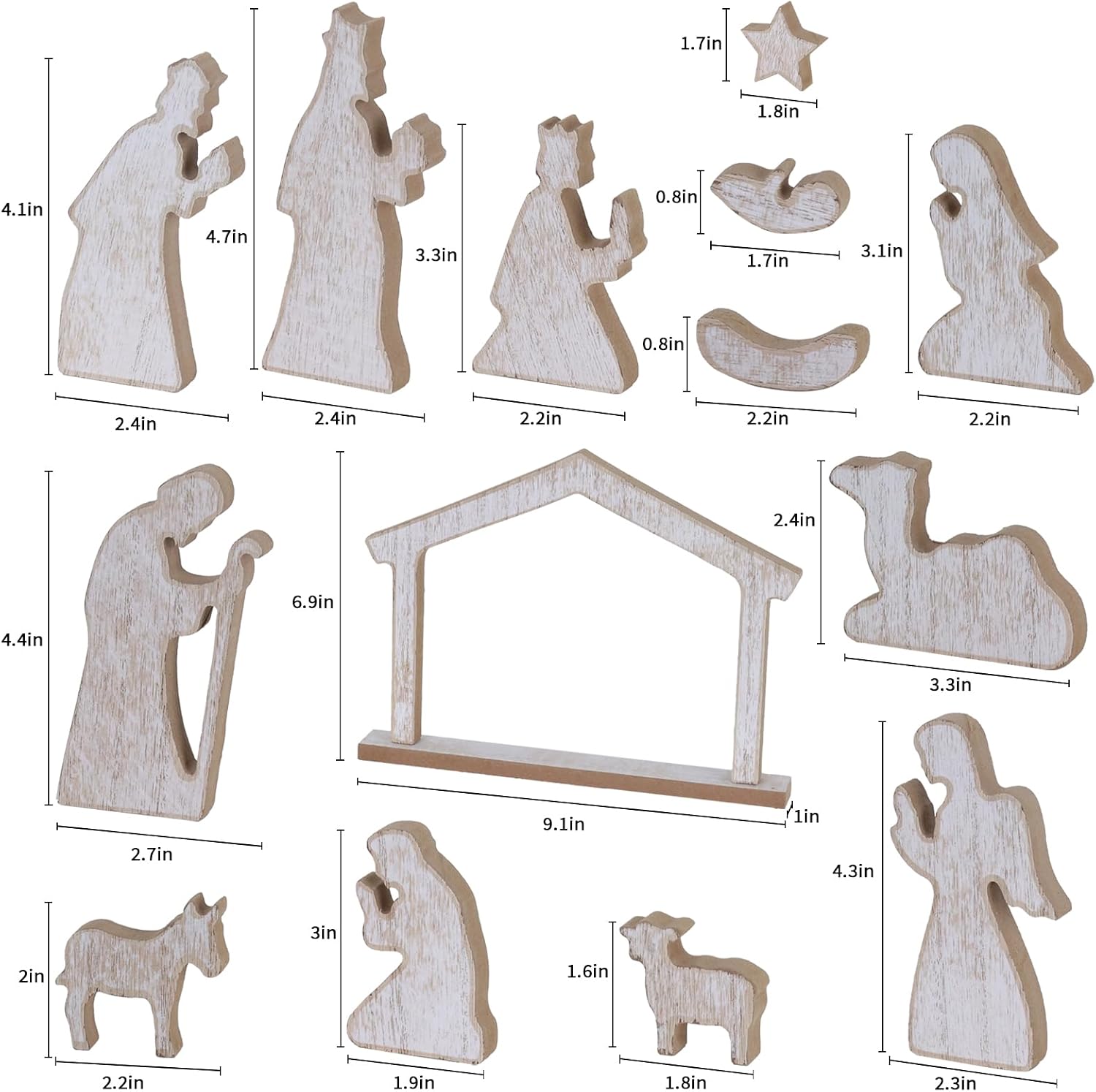 MEETYAMOR Nativity Scene Set, 15PCs Wood Christmas Nativity Scene Miniature Holy Family Figurines Decorations, Minimalism Xmas Manger Table Centerpieces Decor for Christian Indoor Home Mantel Tabletop