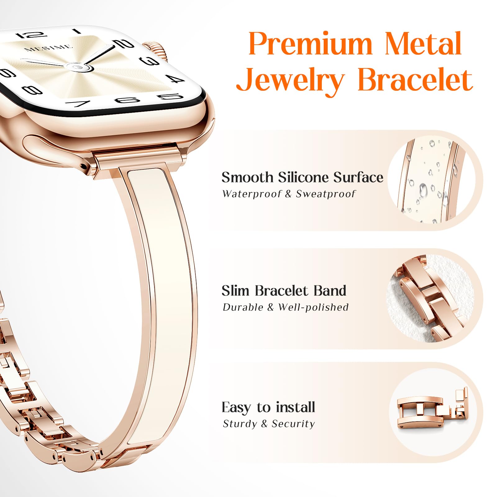 Mesime Bracelet fin et élégant pour femme compatible avec Apple Watch 49 mm, 46 mm, 45 mm, 44 mm, 42 mm, 41 mm, 40 mm, 38 mm, bracelet en métal fin pour iWatch Ultra