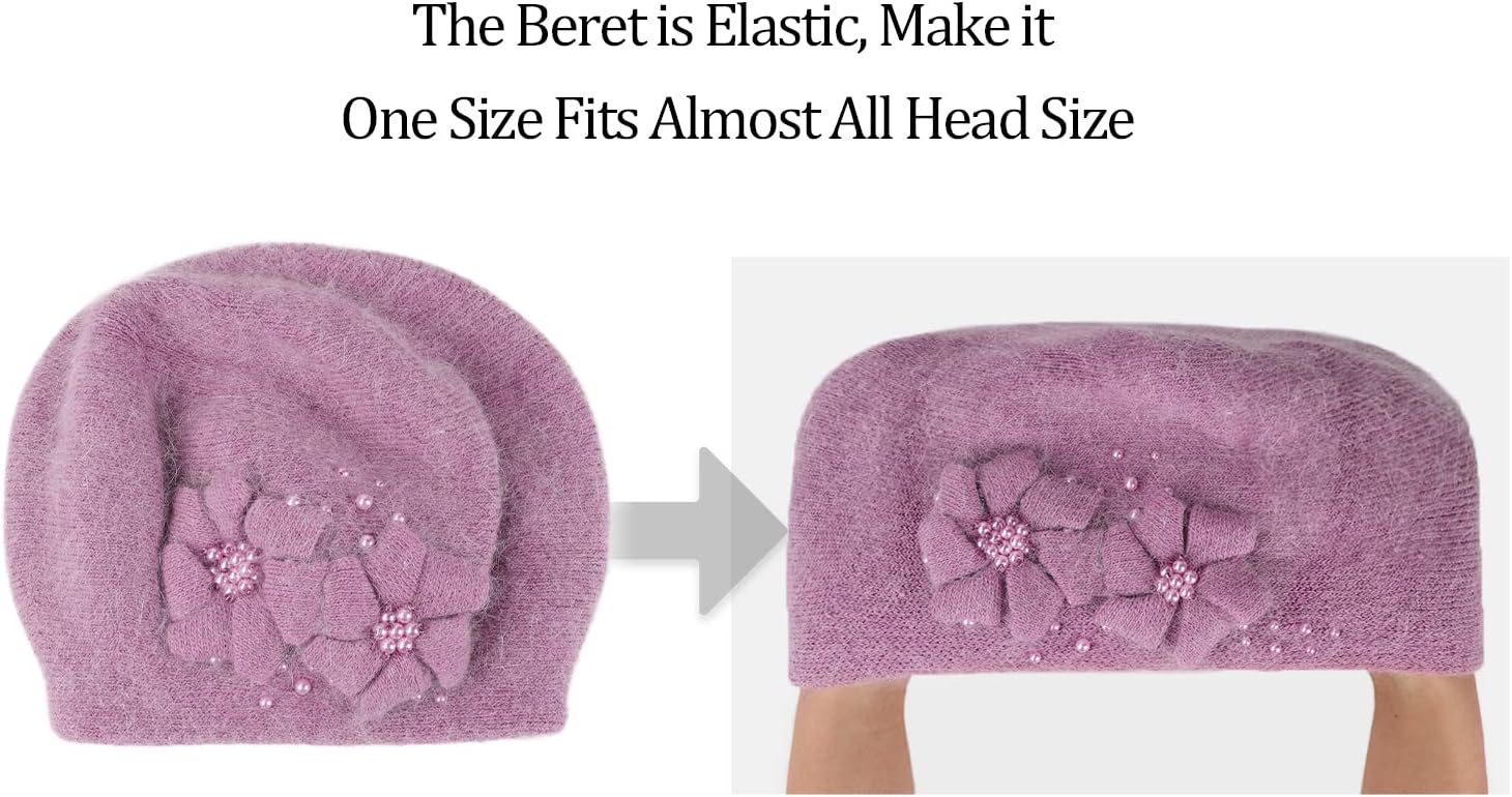 Rabbit Fur Beret Hat French Beret Cap Winter Warm Flowers Pearls Beanie Artist Painter Hat for Women Lady