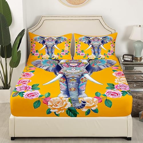 Miniatura 3 de Erosebridal Juego de sábanas de estilo bohemio de elefante, tamaño matrimonial, para niños, tribu exótica, animales aztecas, sábana bajera ajustable