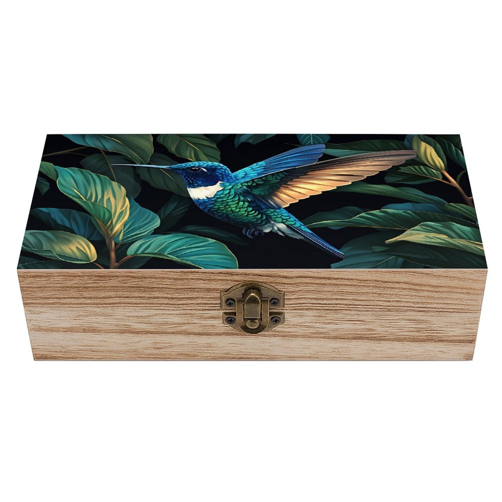 SMAZDFXX Hummingbird Wooden Keepsake Box Vintage Solid Wood with Hinged Lid 7.9"×3.7"×2.3" Metal Latch Rustic Home Decor for Jewelry Photos And Trinkets